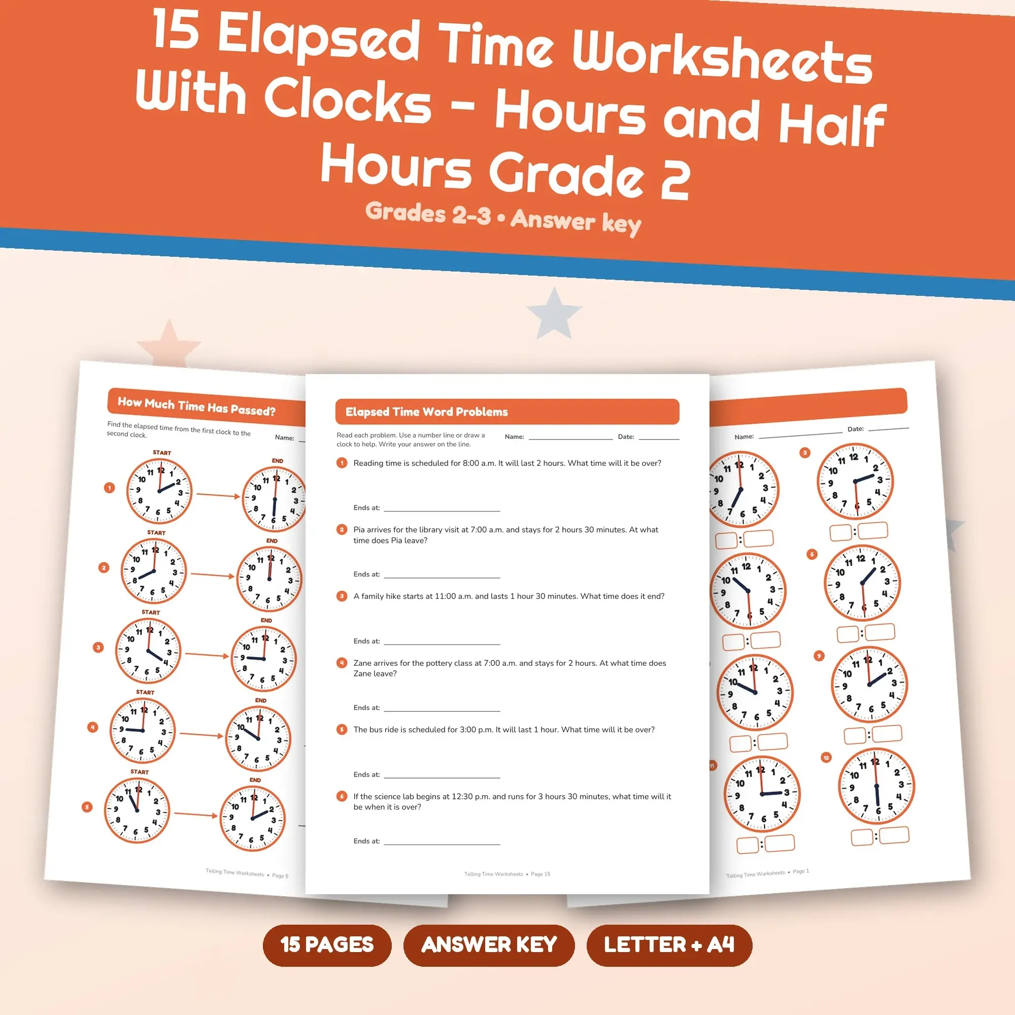 15 Elapsed Time Worksheets With Clocks - Hours and Half Hours Grade 2 preview