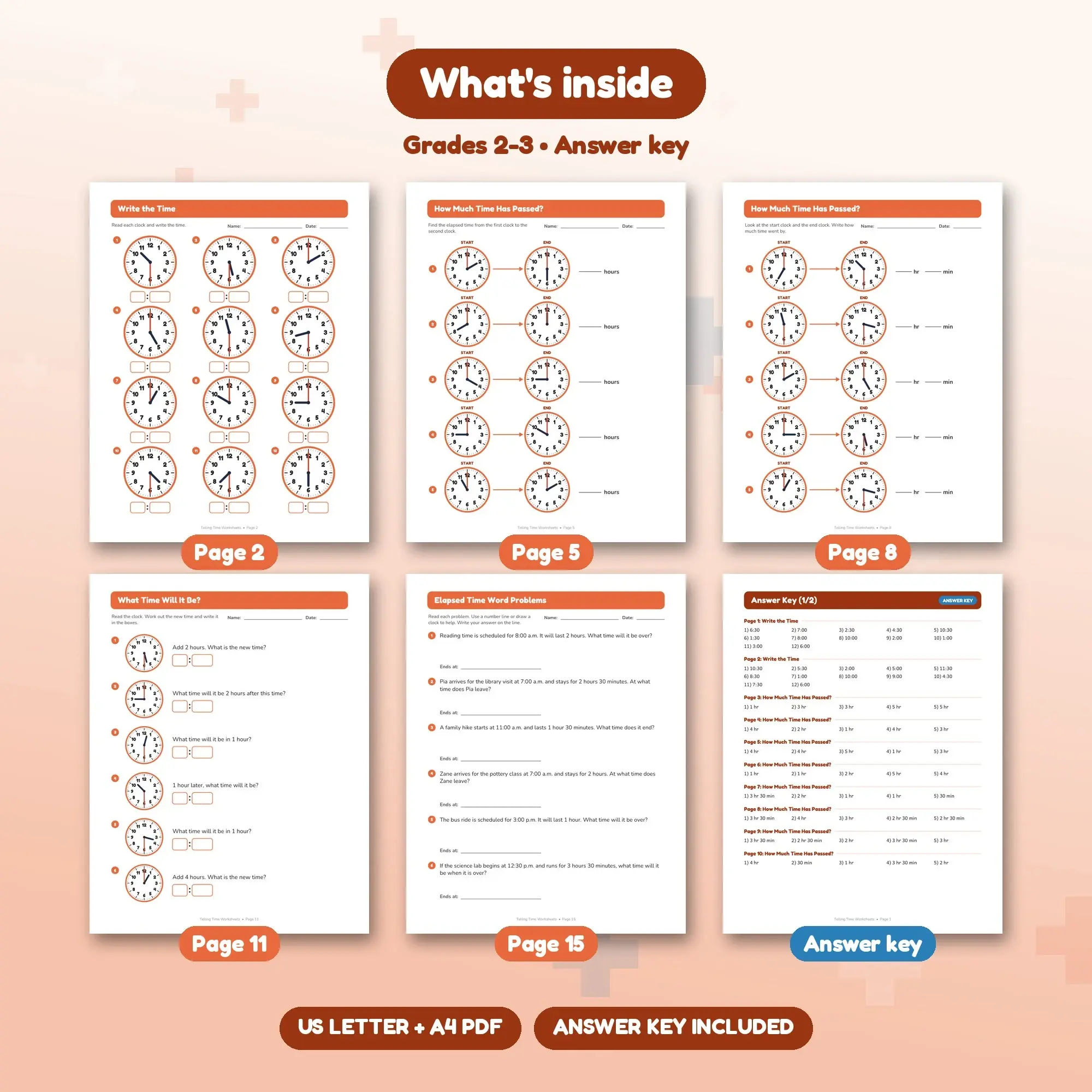 15 Elapsed Time Worksheets With Clocks - Hours and Half Hours Grade 2, preview 2 of 2