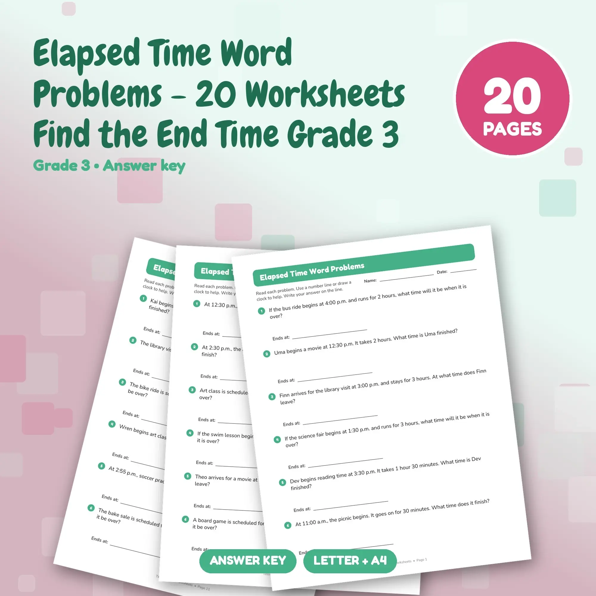 Elapsed Time Word Problems - 20 Worksheets Find the End Time Grade 3 preview