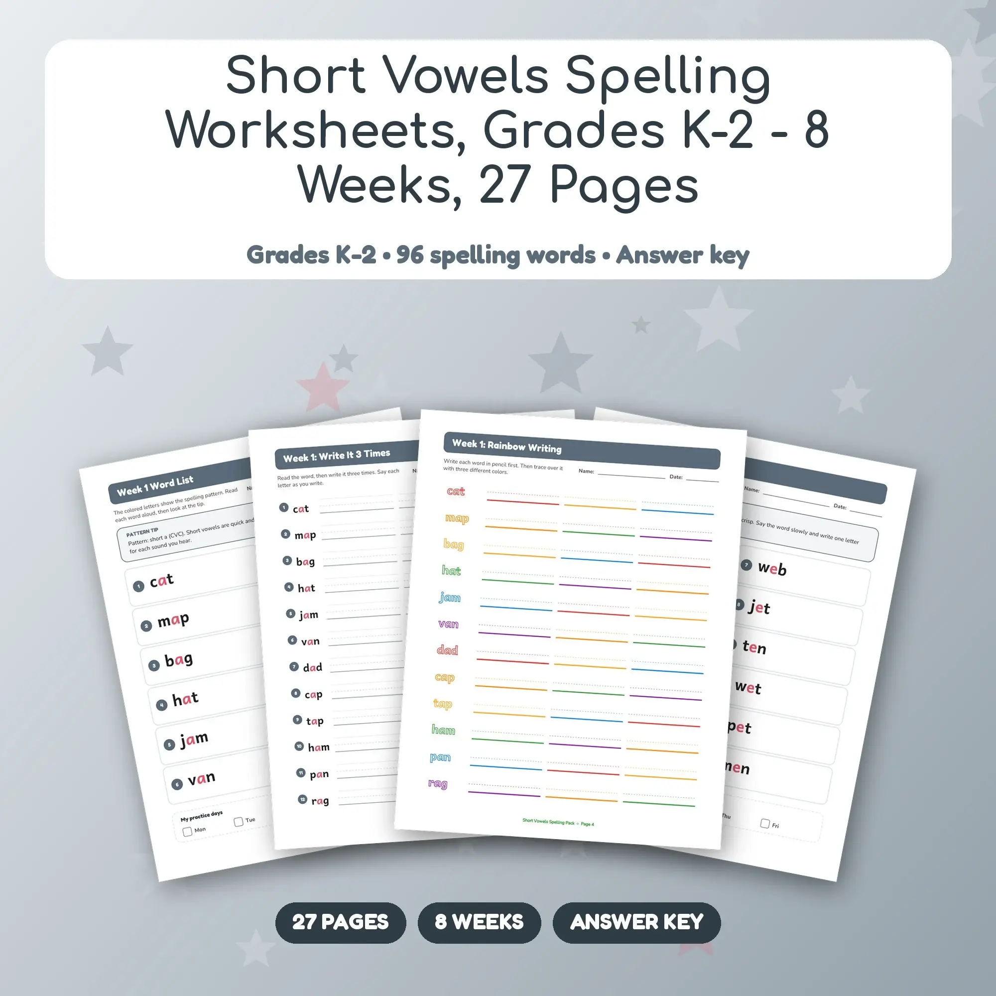 Short Vowels Spelling Worksheets, Grades K-2 - 8 Weeks, 27 Pages preview