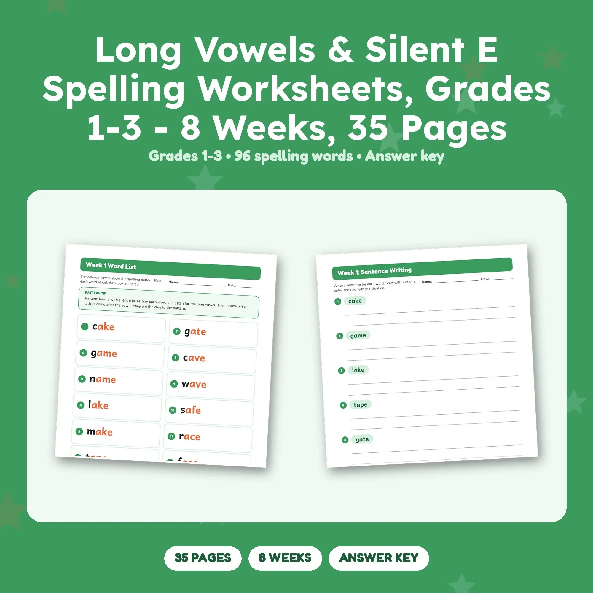 Long Vowels & Silent E Spelling Worksheets, Grades 1-3 - 8 Weeks, 35 Pages preview