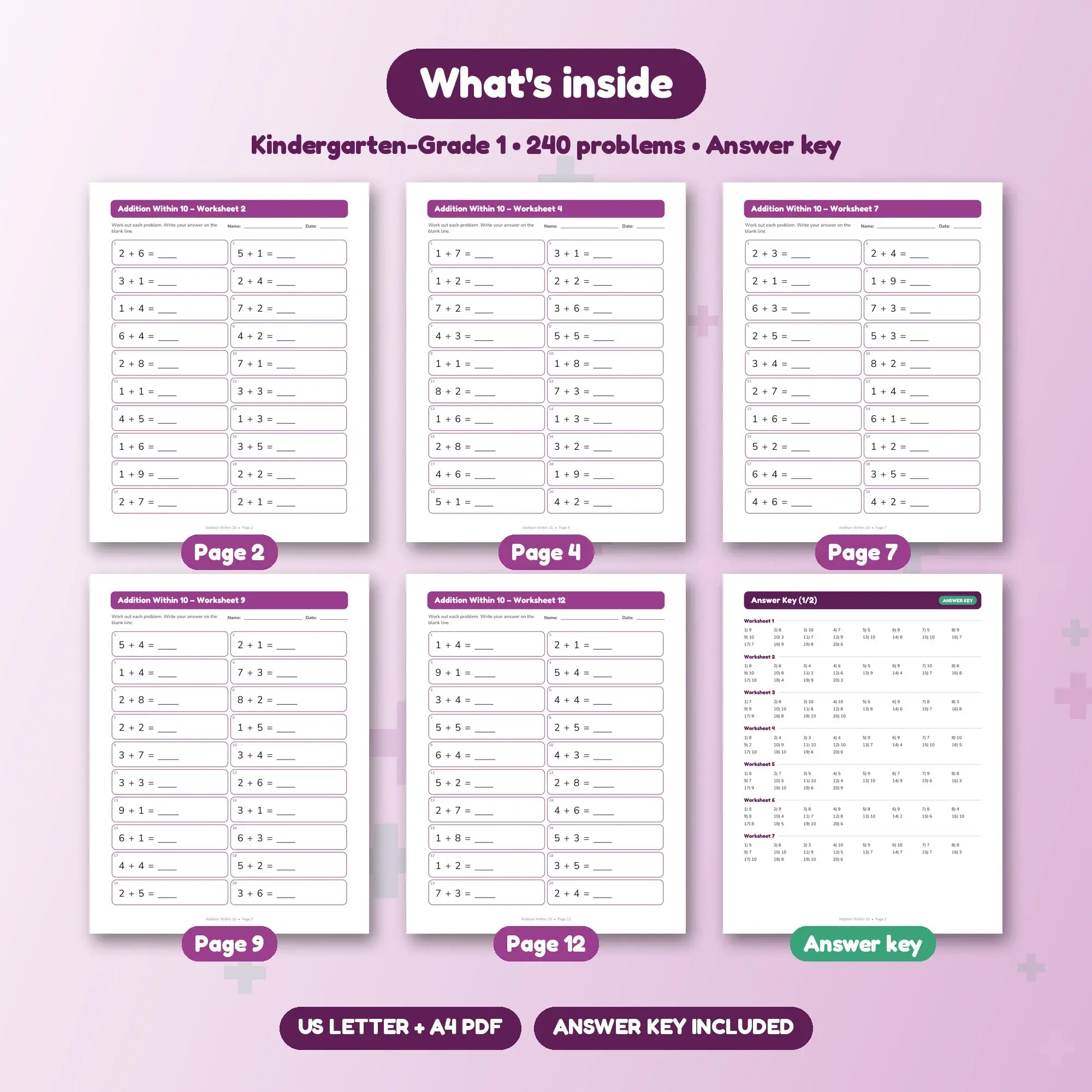 12 Addition Within 10 Worksheets - Kindergarten & Grade 1 + Answer Key, preview 2 of 2