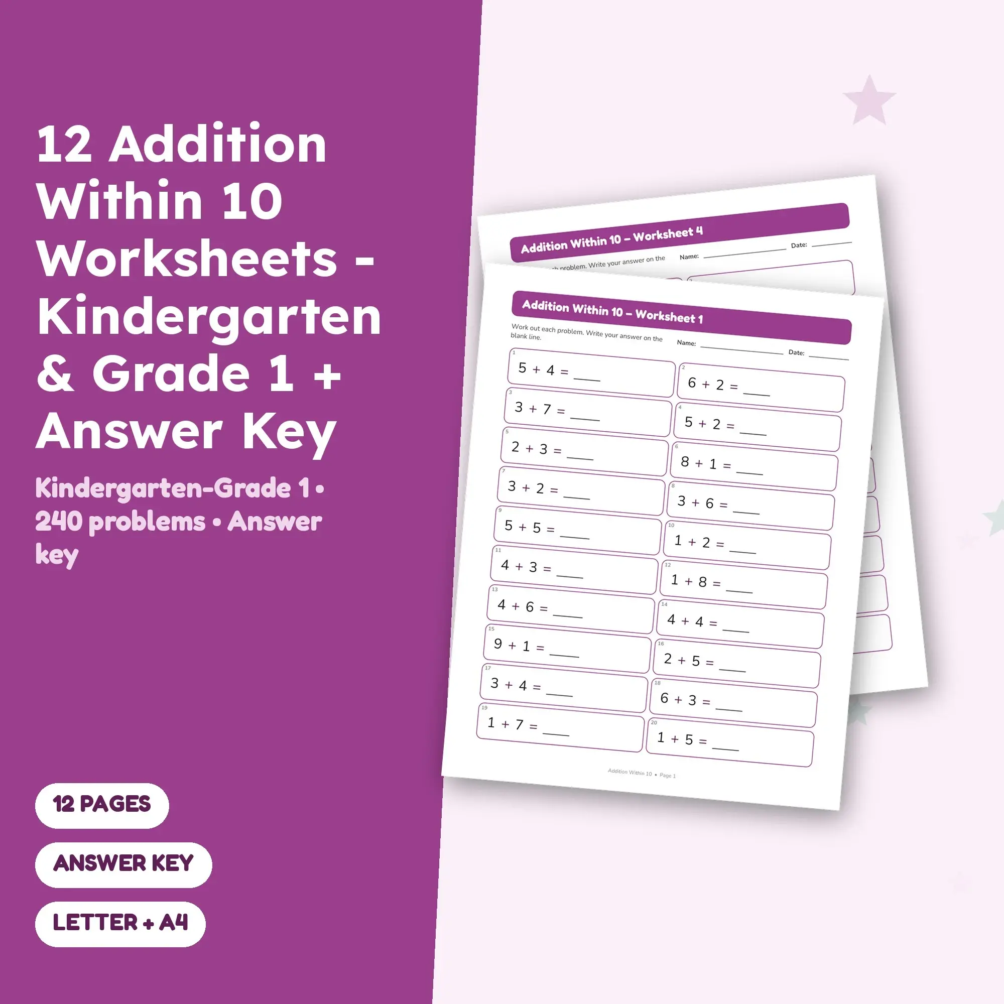 12 Addition Within 10 Worksheets - Kindergarten & Grade 1 + Answer Key preview