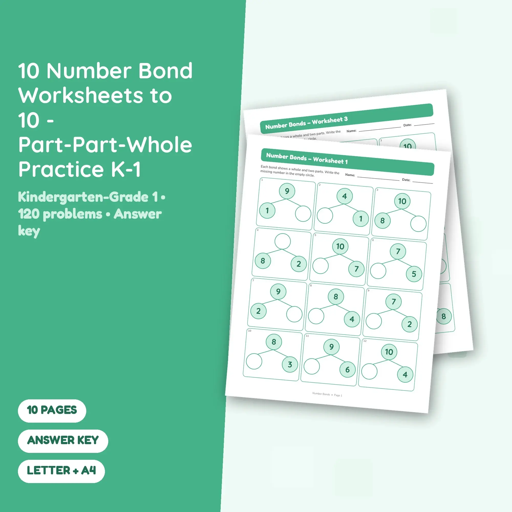 10 Number Bond Worksheets to 10 - Part-Part-Whole Practice K-1 preview