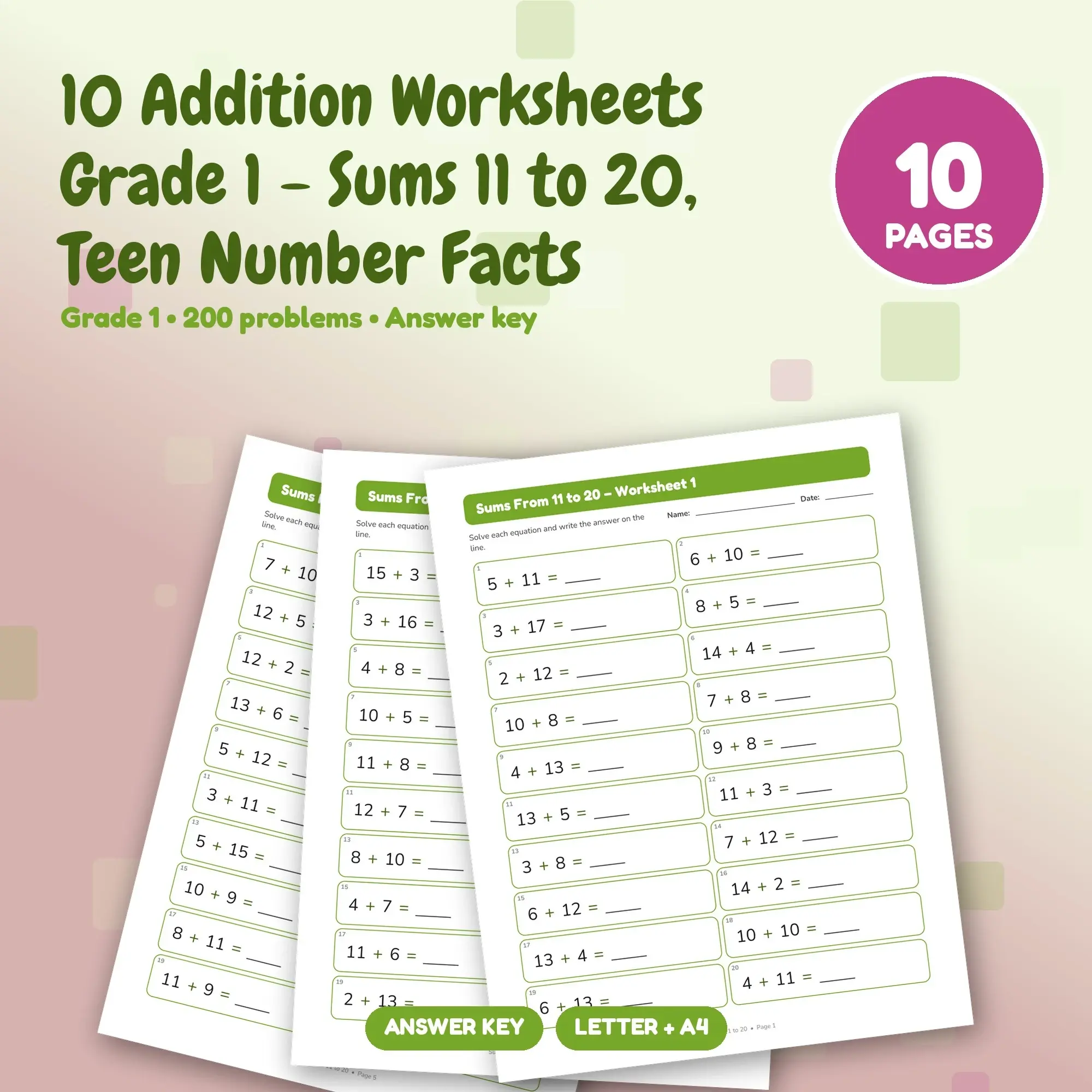 10 Addition Worksheets Grade 1 - Sums 11 to 20, Teen Number Facts, preview 1 of 2
