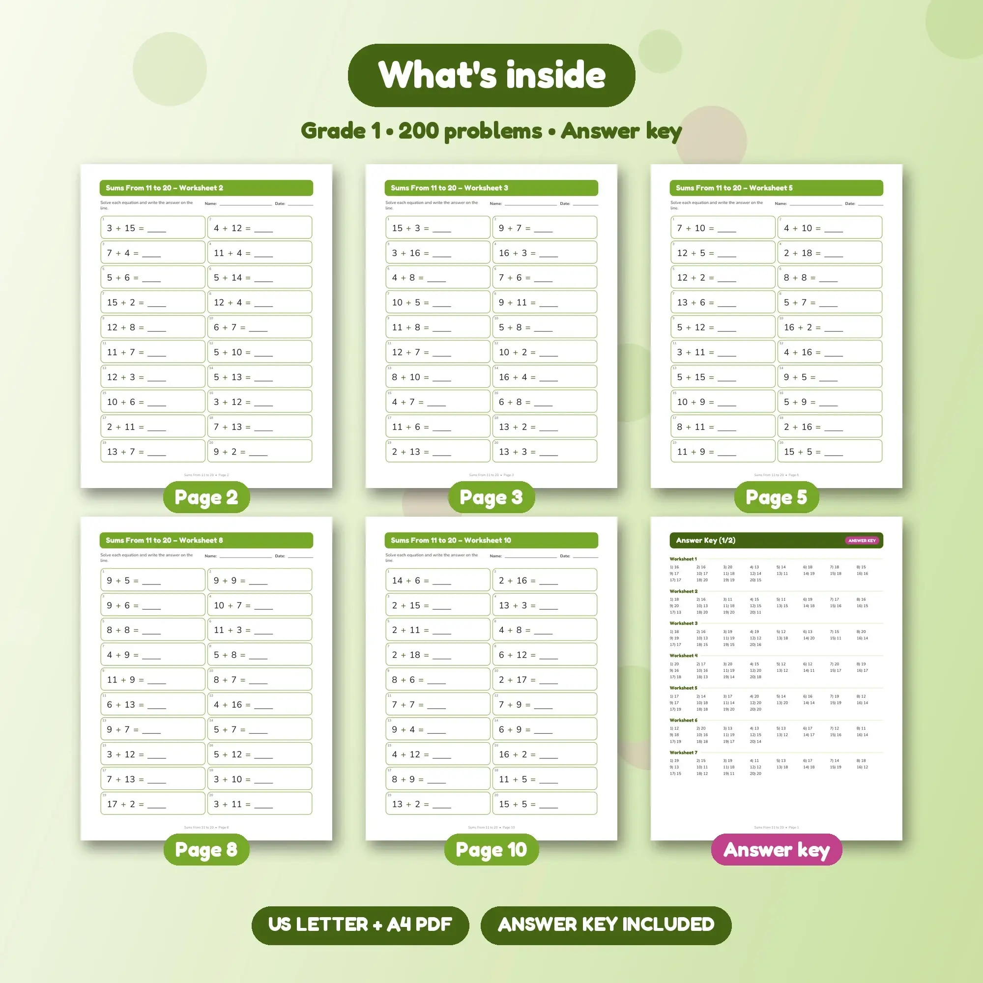 10 Addition Worksheets Grade 1 - Sums 11 to 20, Teen Number Facts, preview 2 of 2