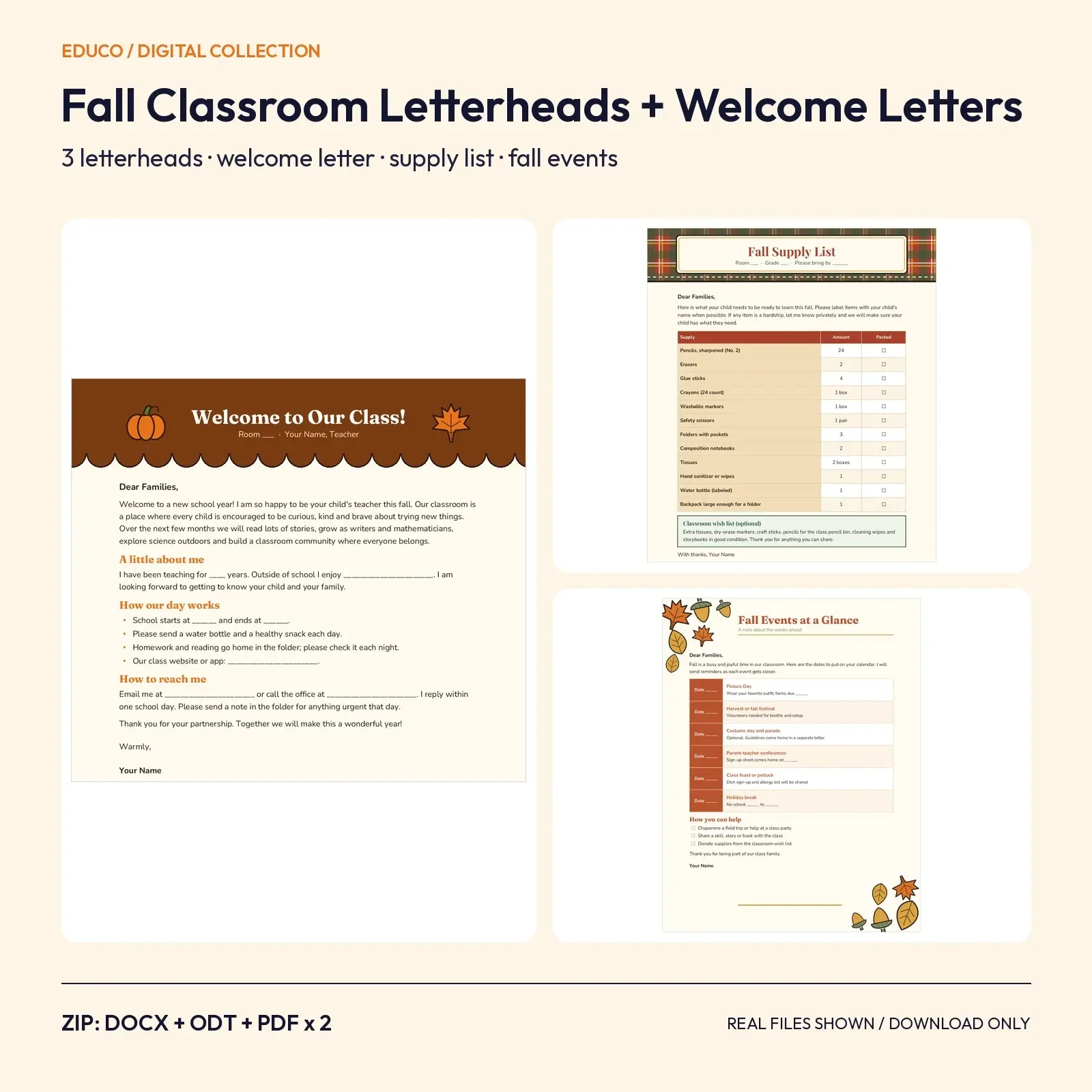 Fall Classroom Letterhead and Parent Welcome Letter Set: 3 Letterheads, Welcome, Supply List and Events (DOCX, ODT, PDF) preview