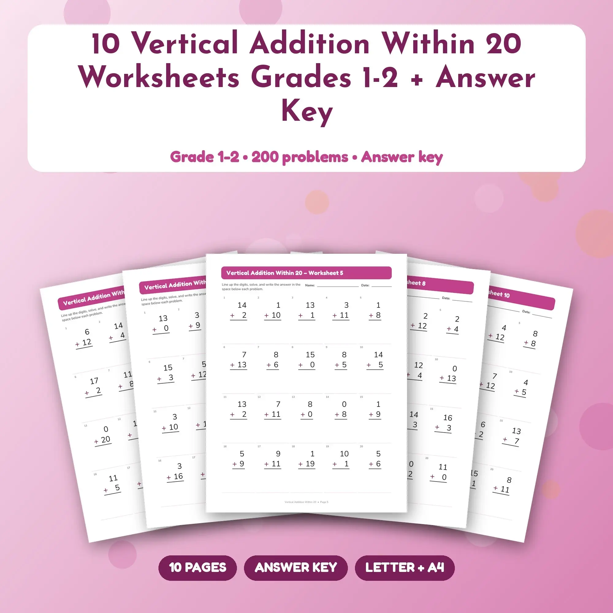10 Vertical Addition Within 20 Worksheets Grades 1-2 + Answer Key preview