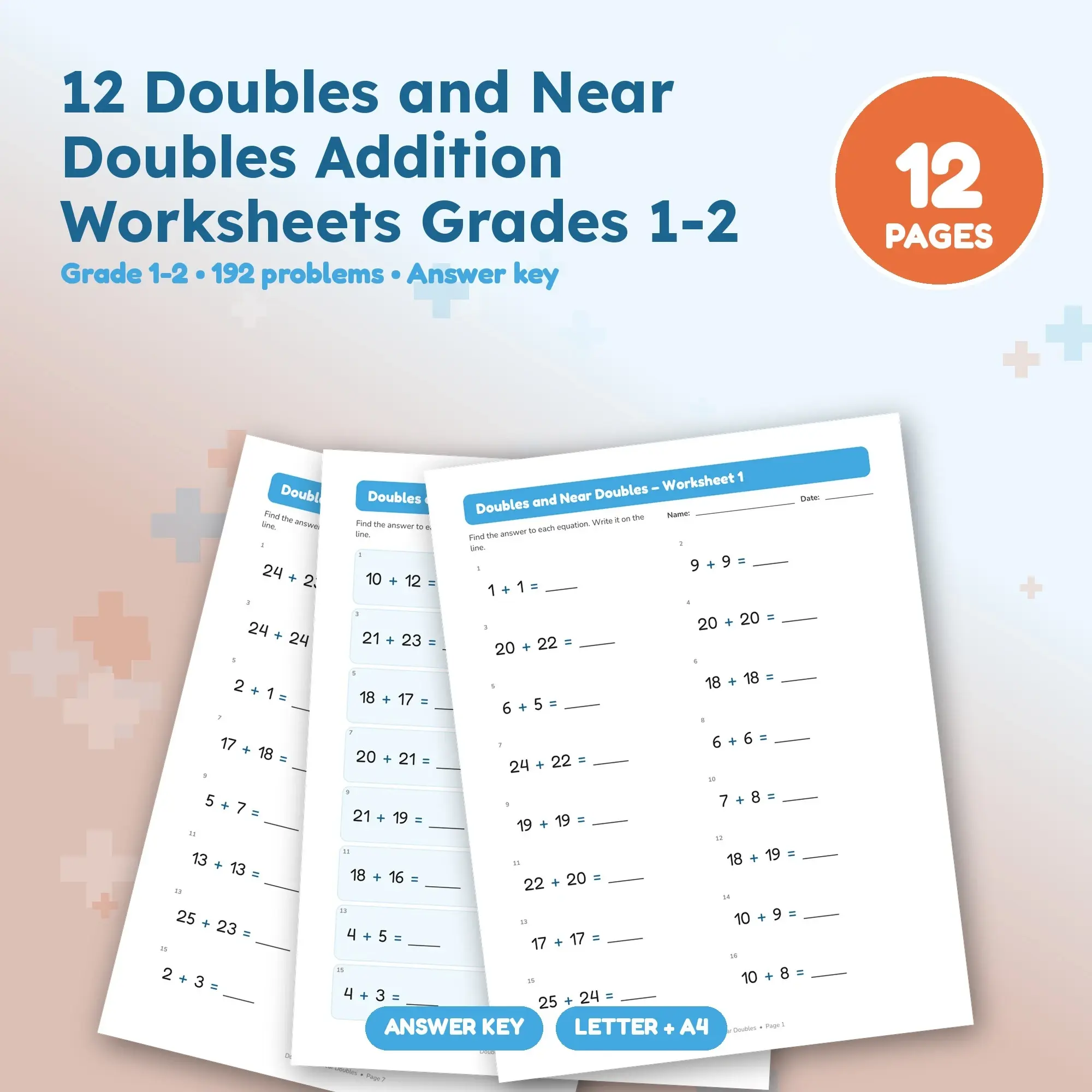 12 Doubles and Near Doubles Addition Worksheets Grades 1-2, preview 1 of 2