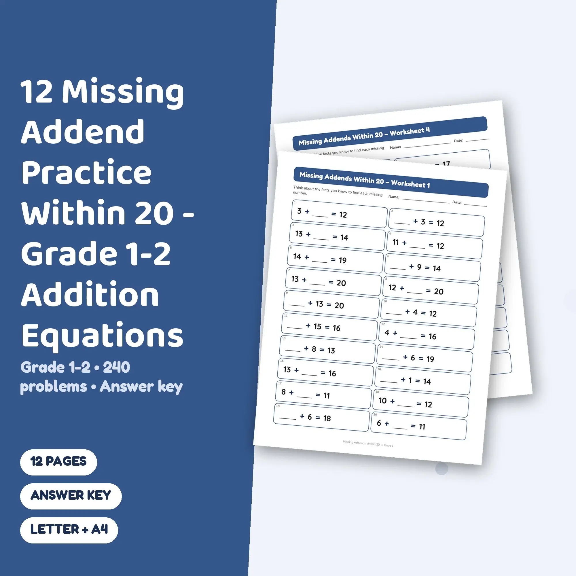 12 Missing Addend Practice Within 20 - Grade 1-2 Addition Equations preview