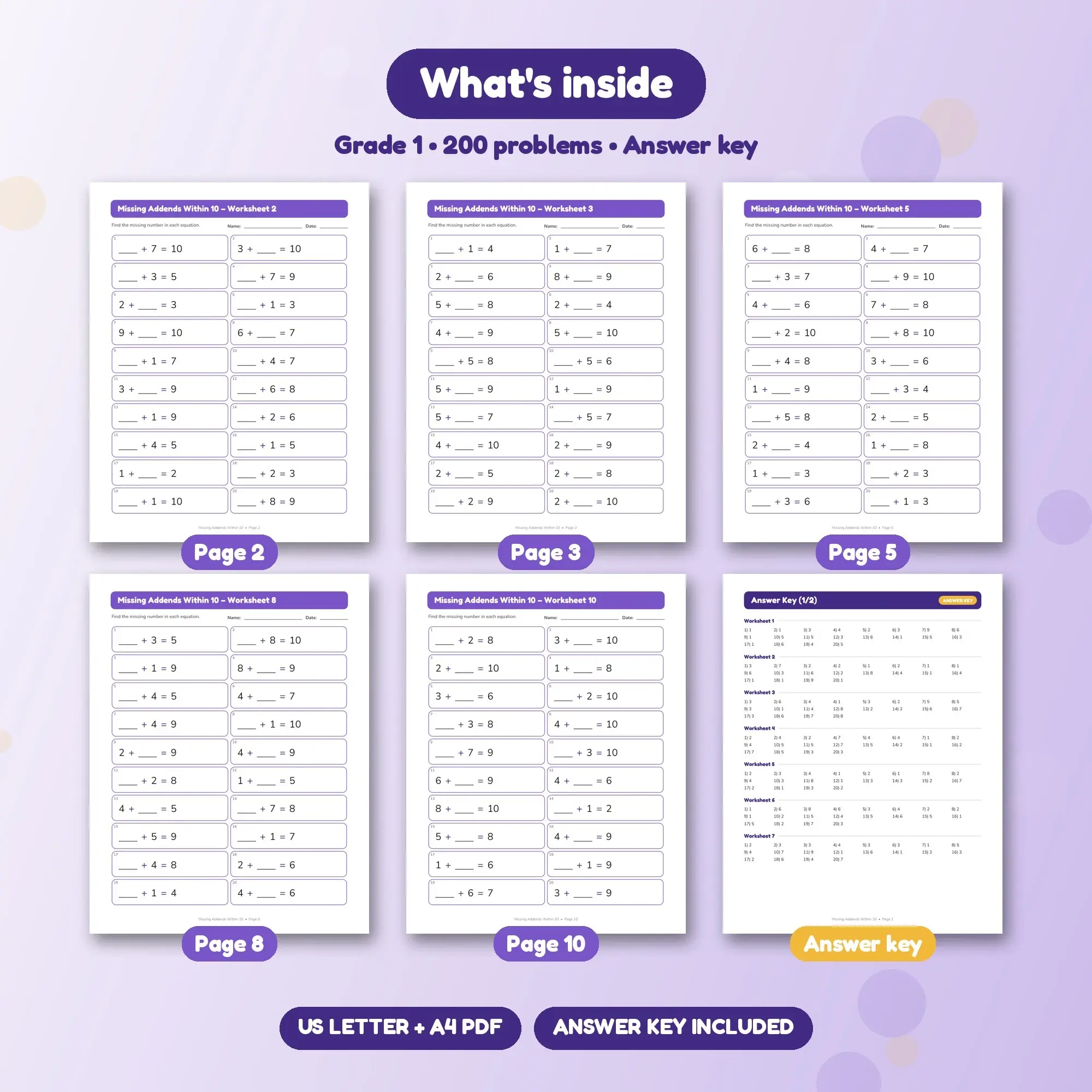 10 Missing Addend Worksheets Within 10 - Fill In the Number Grade 1, preview 2 of 2