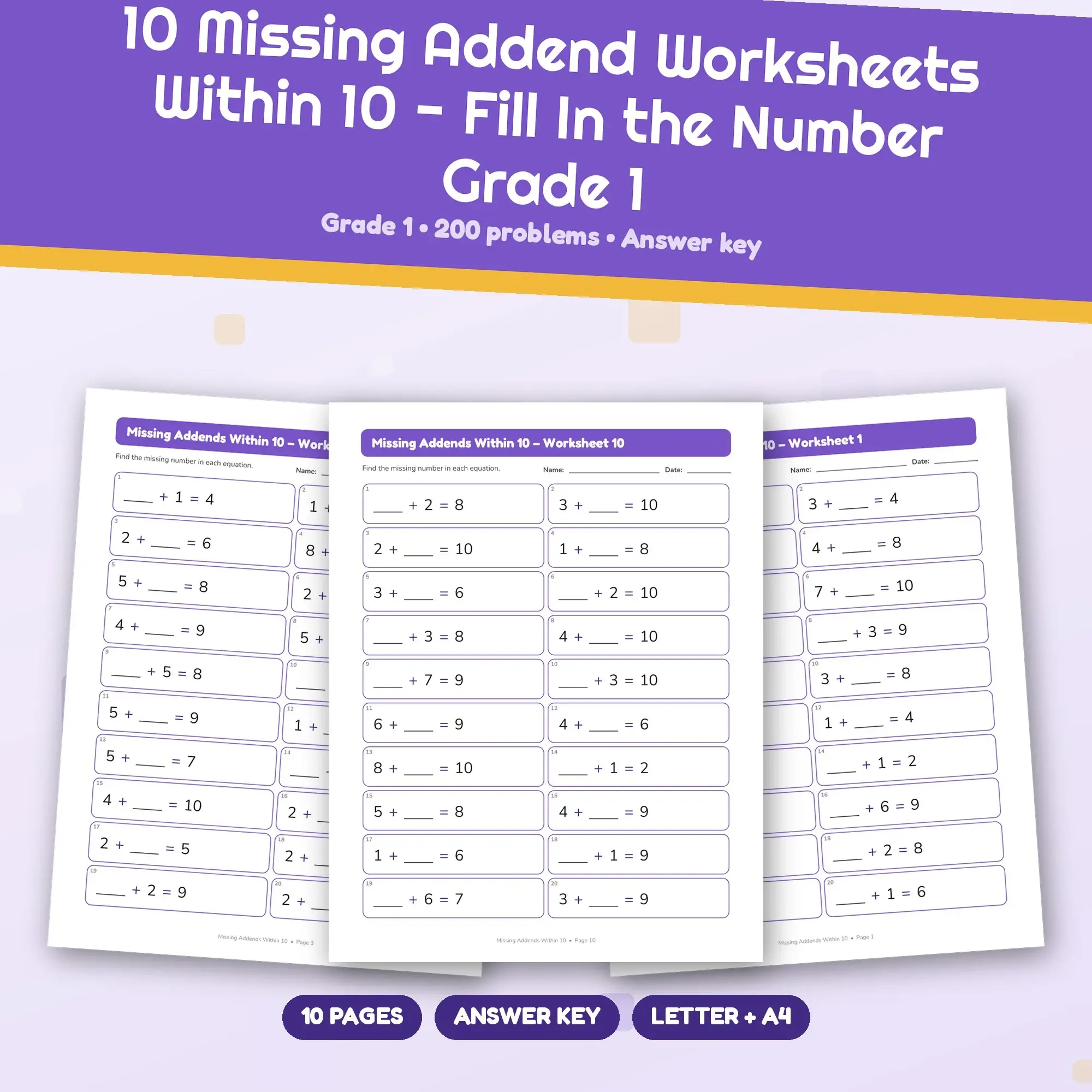 10 Missing Addend Worksheets Within 10 - Fill In the Number Grade 1, preview 1 of 2