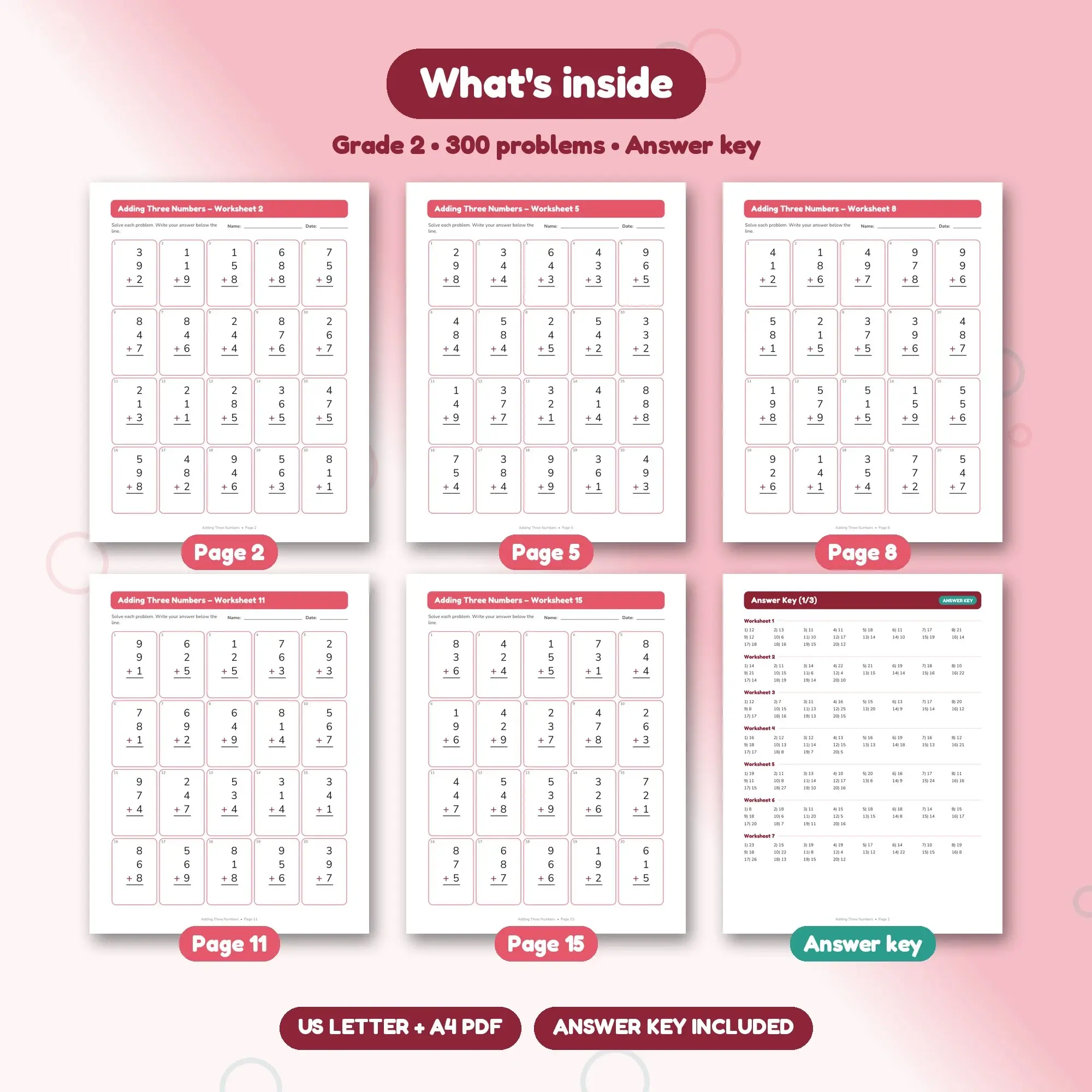 15 Adding Three Single-Digit Numbers Worksheets - Column Addition Grade 2, preview 2 of 2