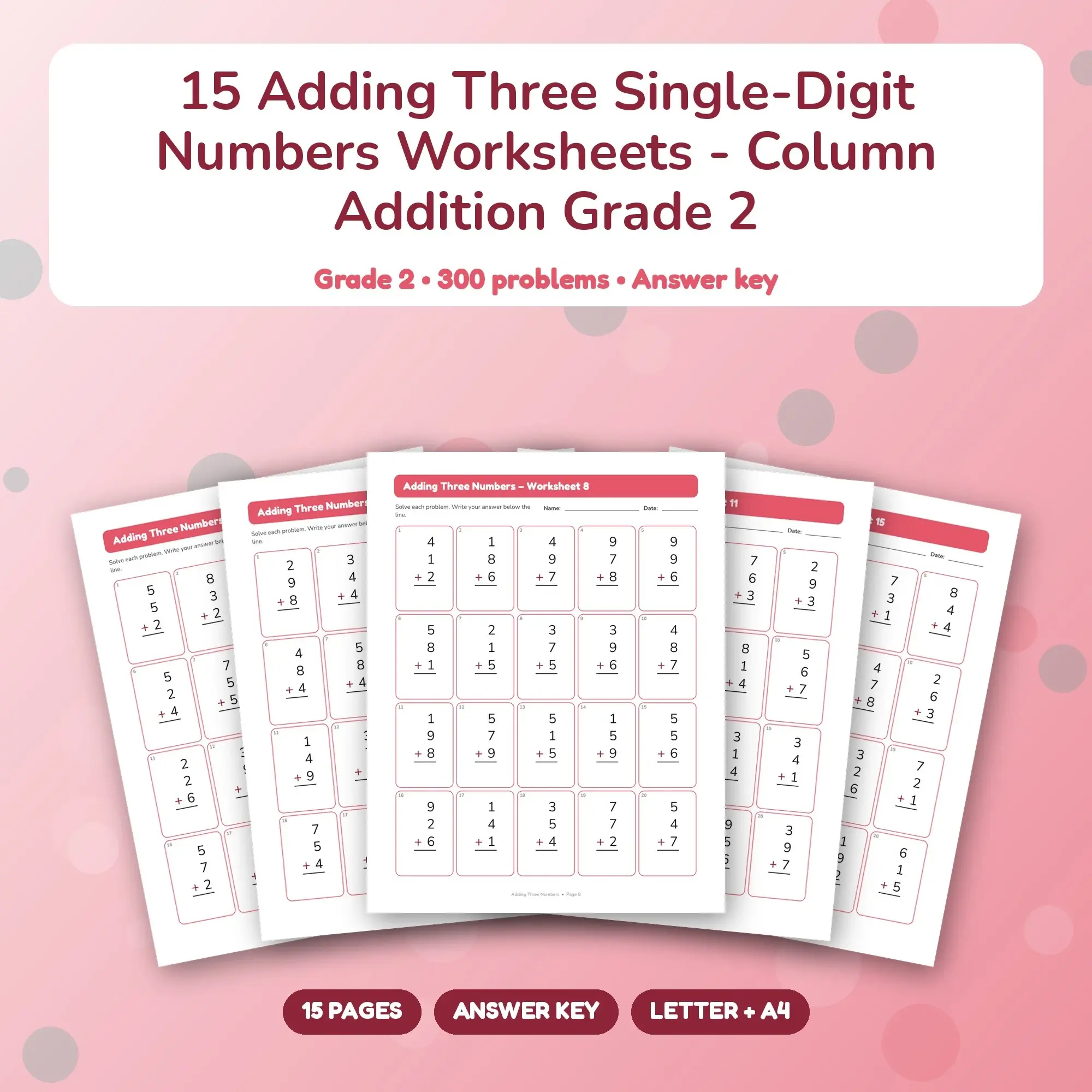 15 Adding Three Single-Digit Numbers Worksheets - Column Addition Grade 2 preview
