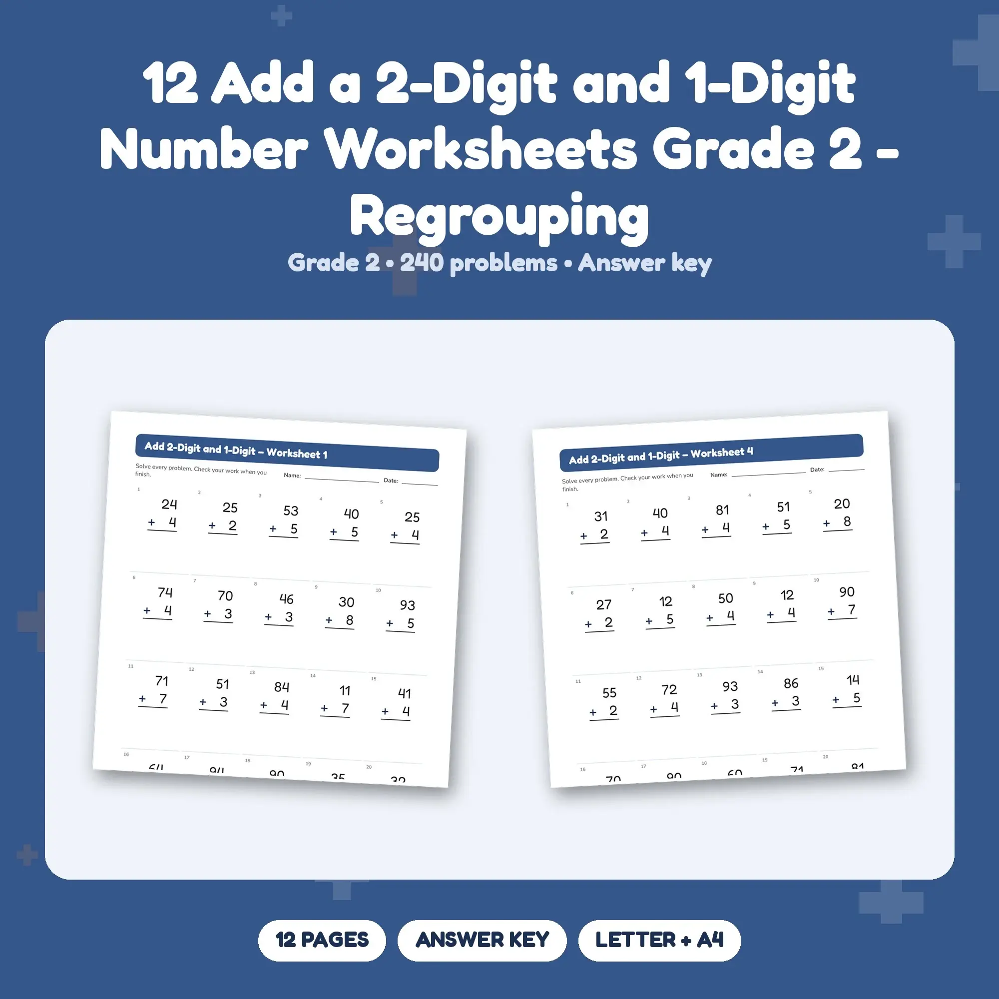 12 Add a 2-Digit and 1-Digit Number Worksheets Grade 2 - Regrouping preview