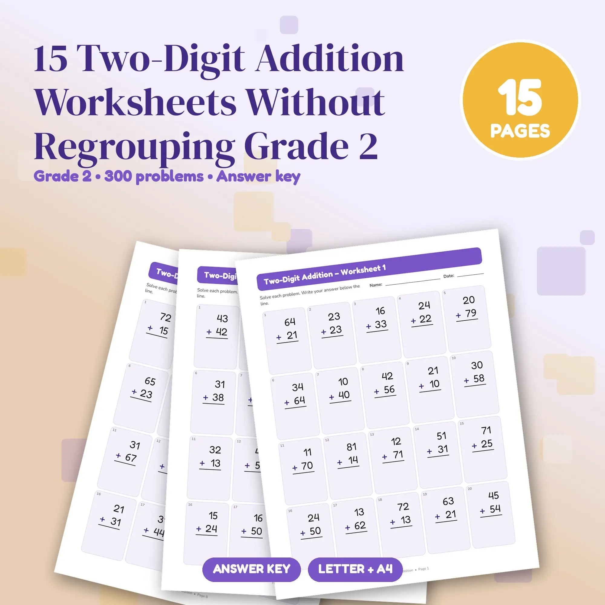 15 Two-Digit Addition Worksheets Without Regrouping Grade 2 preview