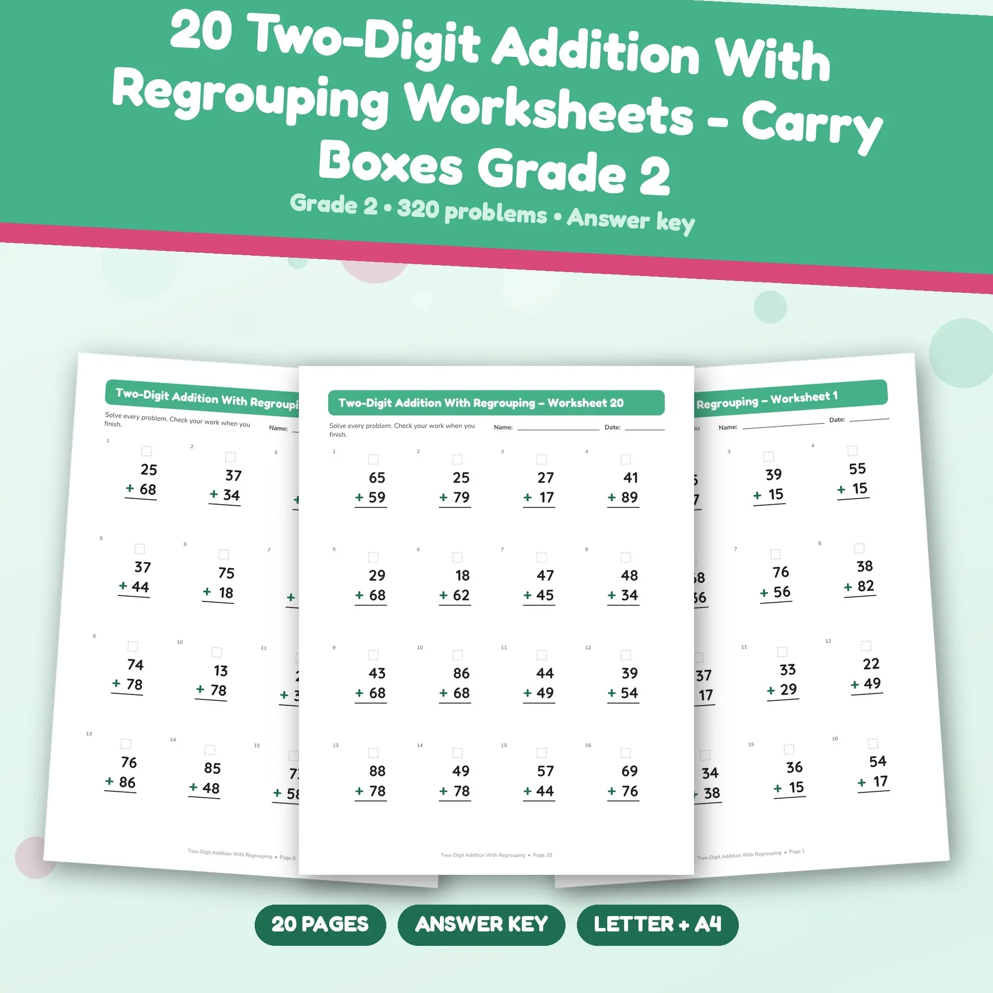 20 Two-Digit Addition With Regrouping Worksheets - Carry Boxes Grade 2 preview