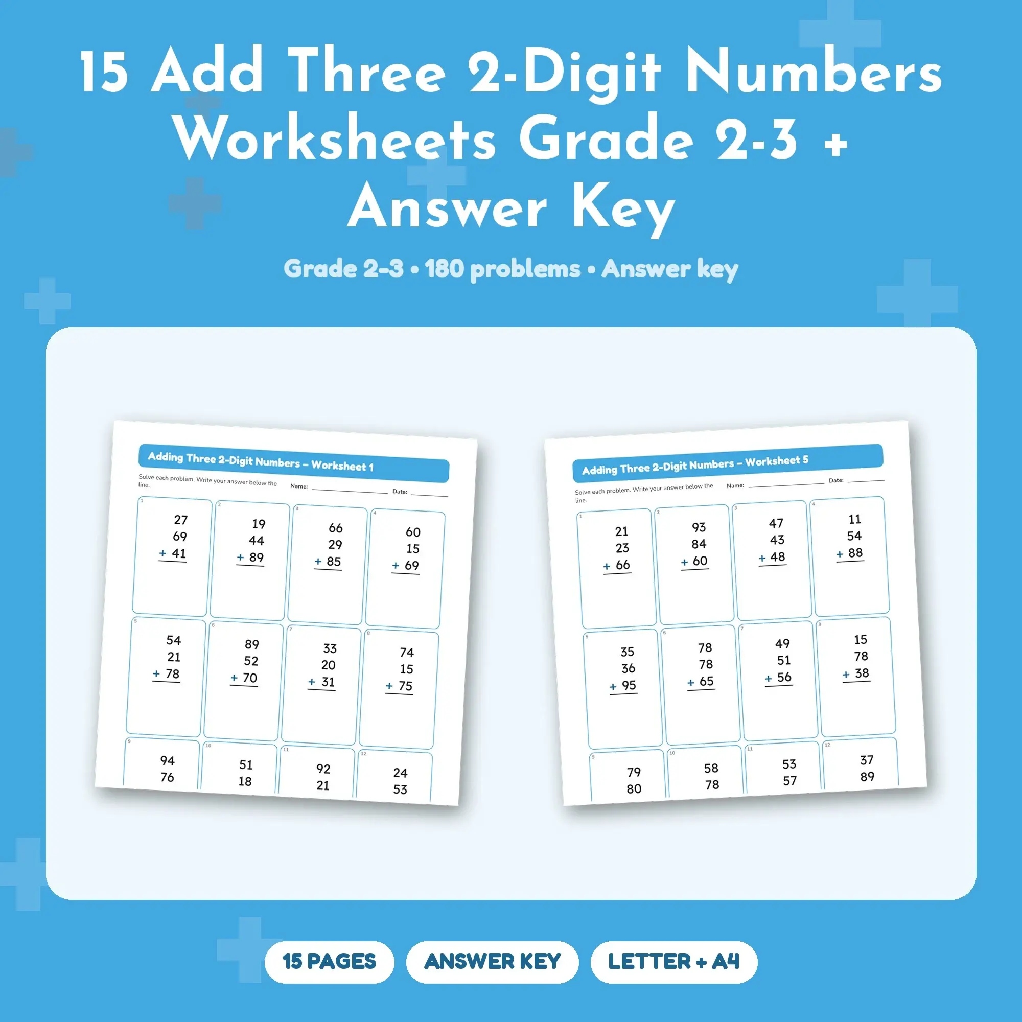 15 Add Three 2-Digit Numbers Worksheets Grade 2-3 + Answer Key preview