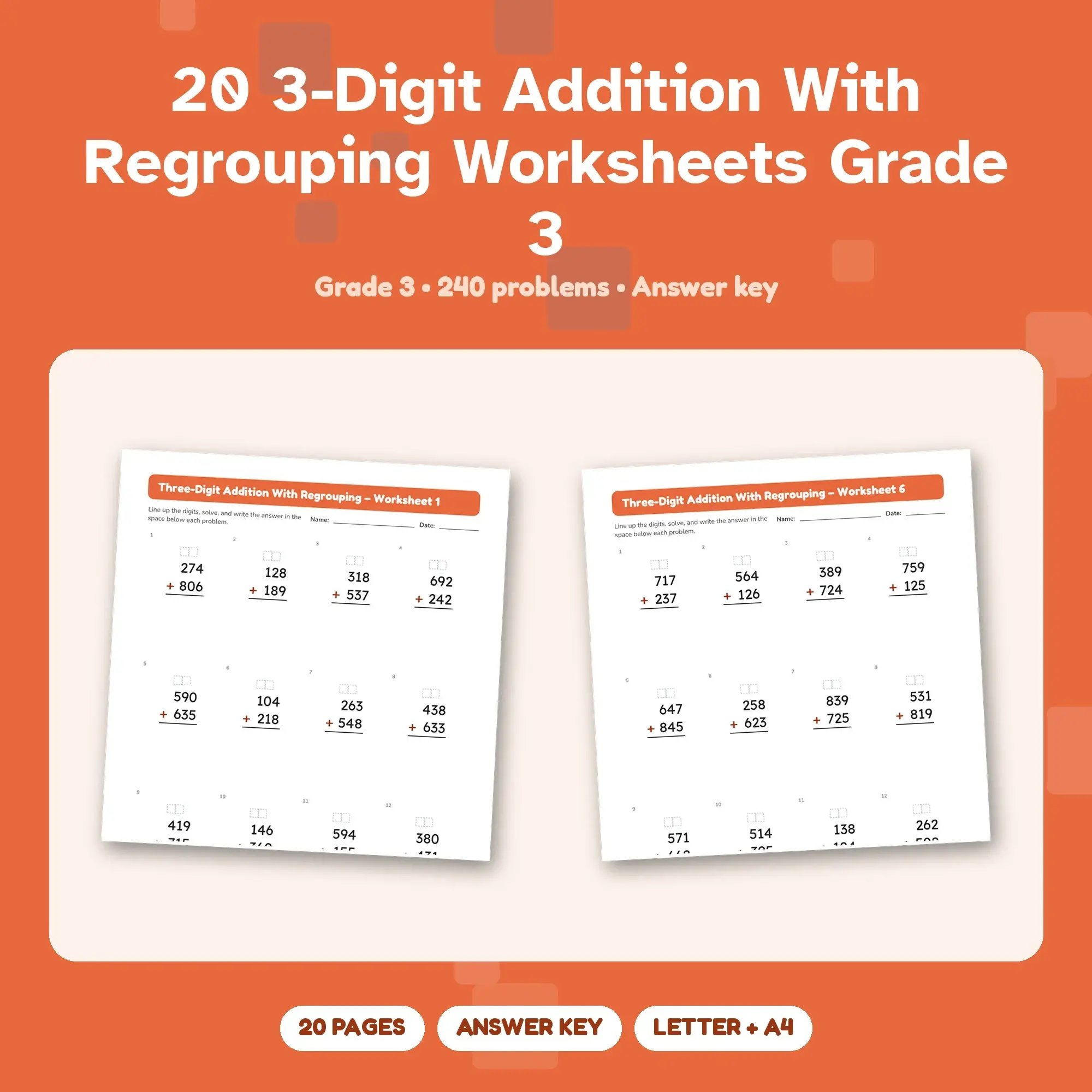 20 3-Digit Addition With Regrouping Worksheets Grade 3 preview