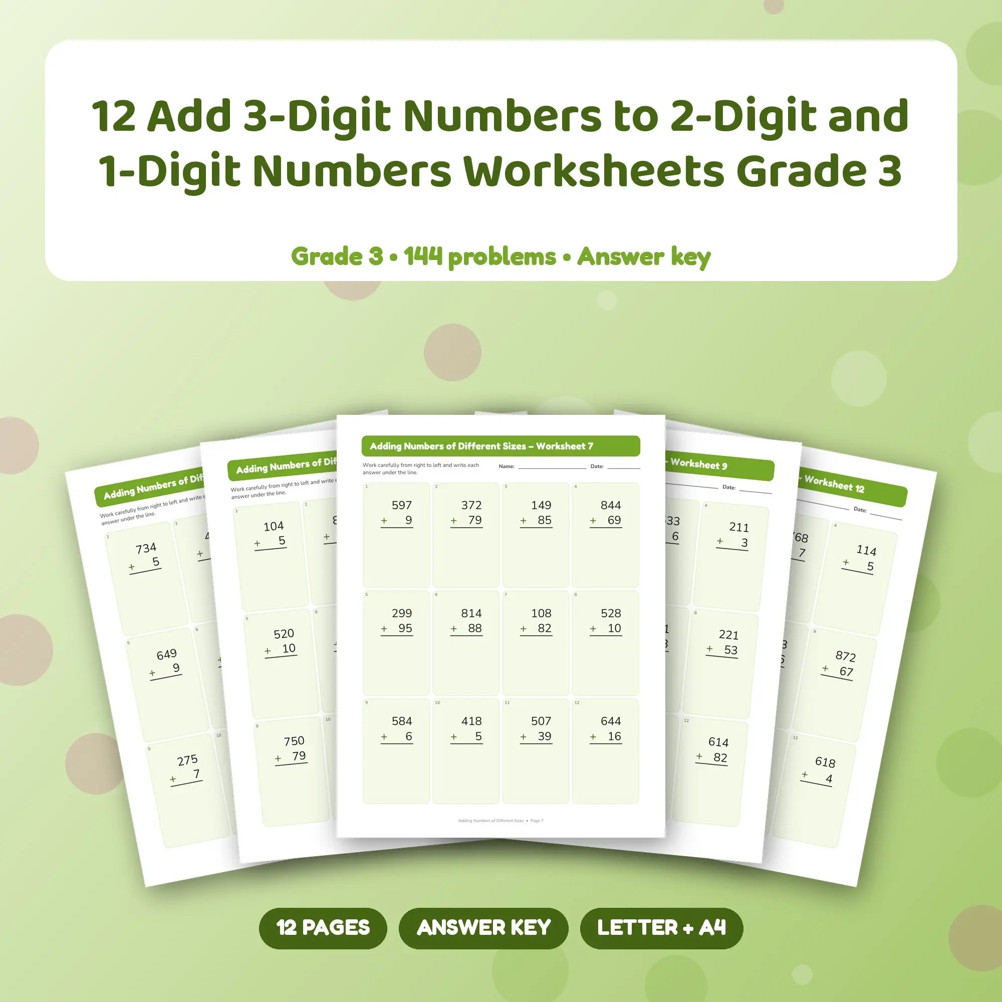 12 Add 3-Digit Numbers to 2-Digit and 1-Digit Numbers Worksheets Grade 3 preview
