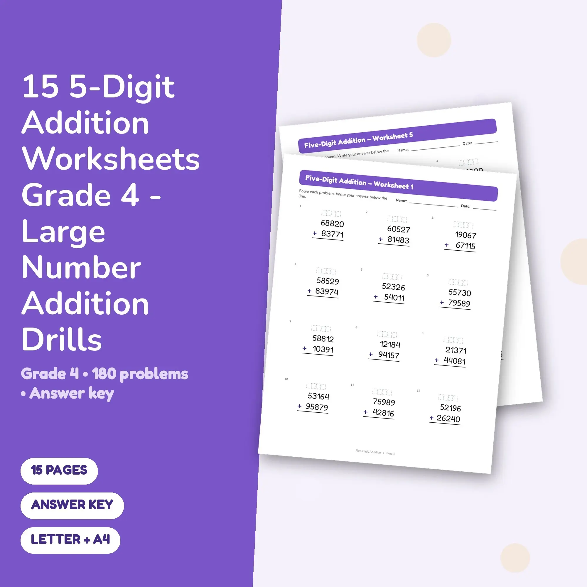 15 5-Digit Addition Worksheets Grade 4 - Large Number Addition Drills preview