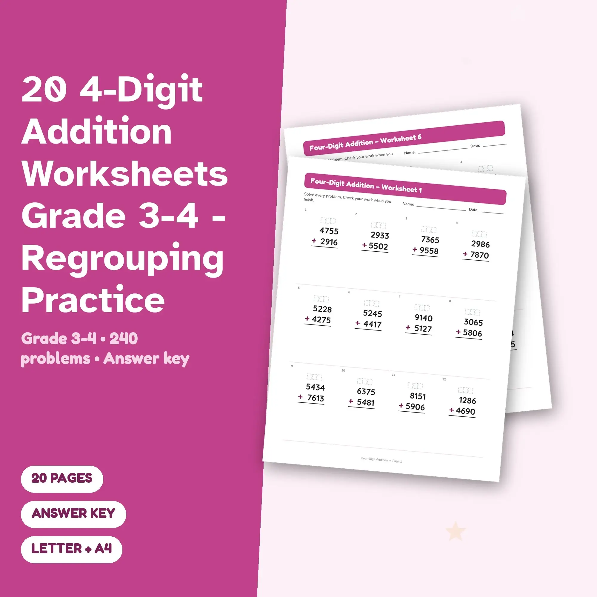 20 4-Digit Addition Worksheets Grade 3-4 - Regrouping Practice preview