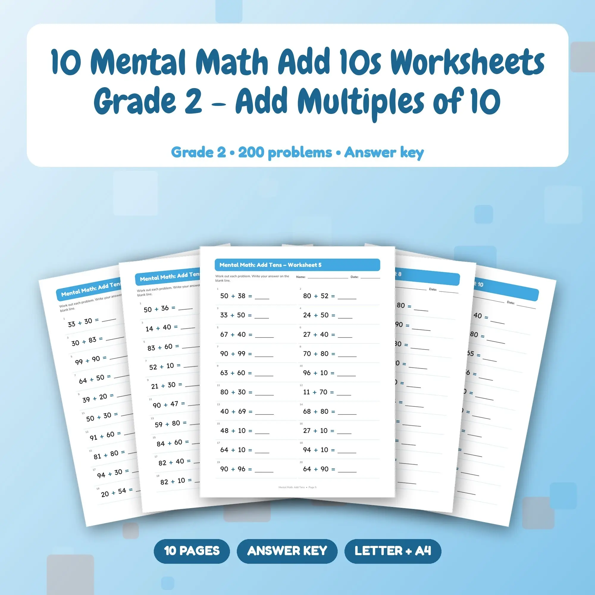 10 Mental Math Add 10s Worksheets Grade 2 - Add Multiples of 10 preview