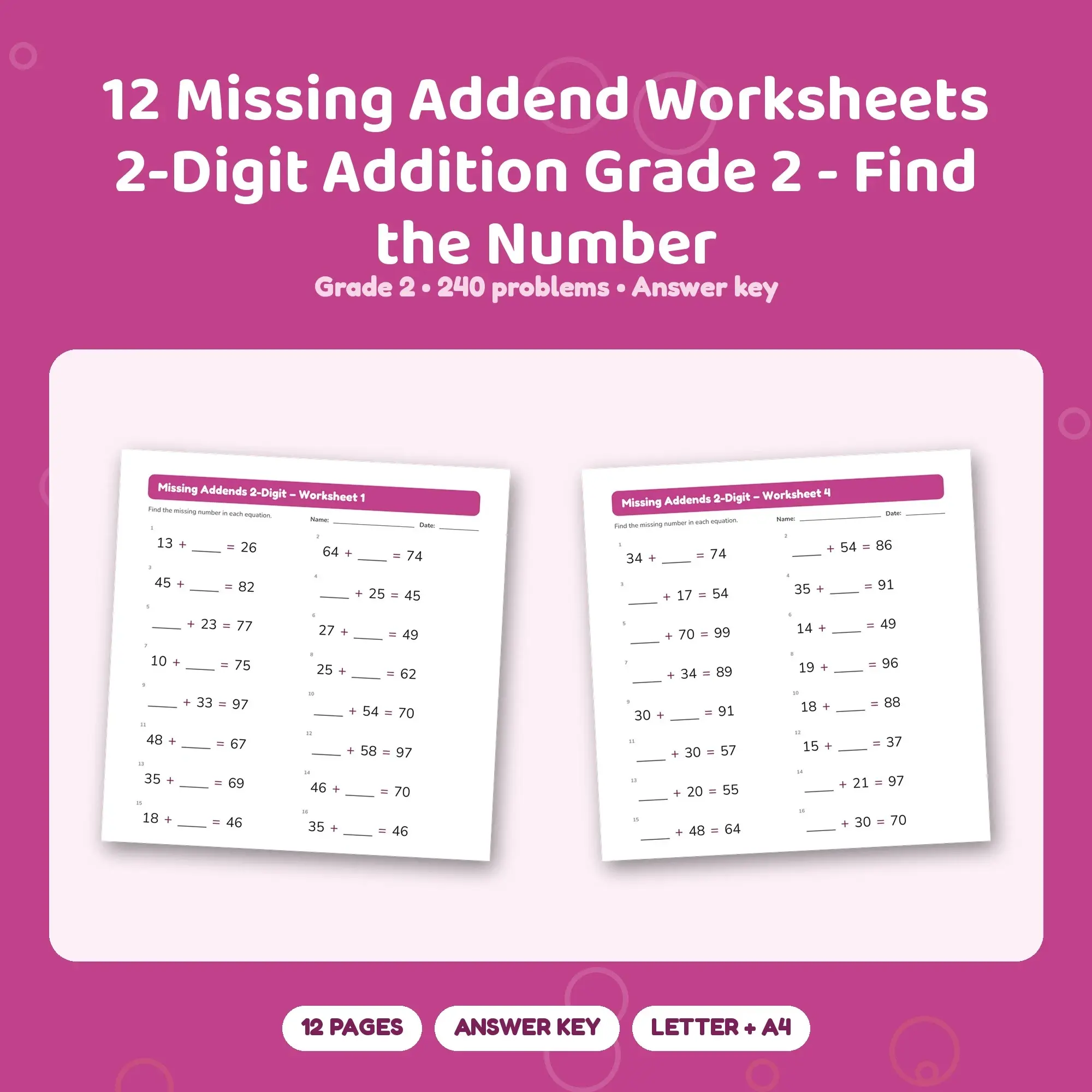 12 Missing Addend Worksheets 2-Digit Addition Grade 2 - Find the Number preview
