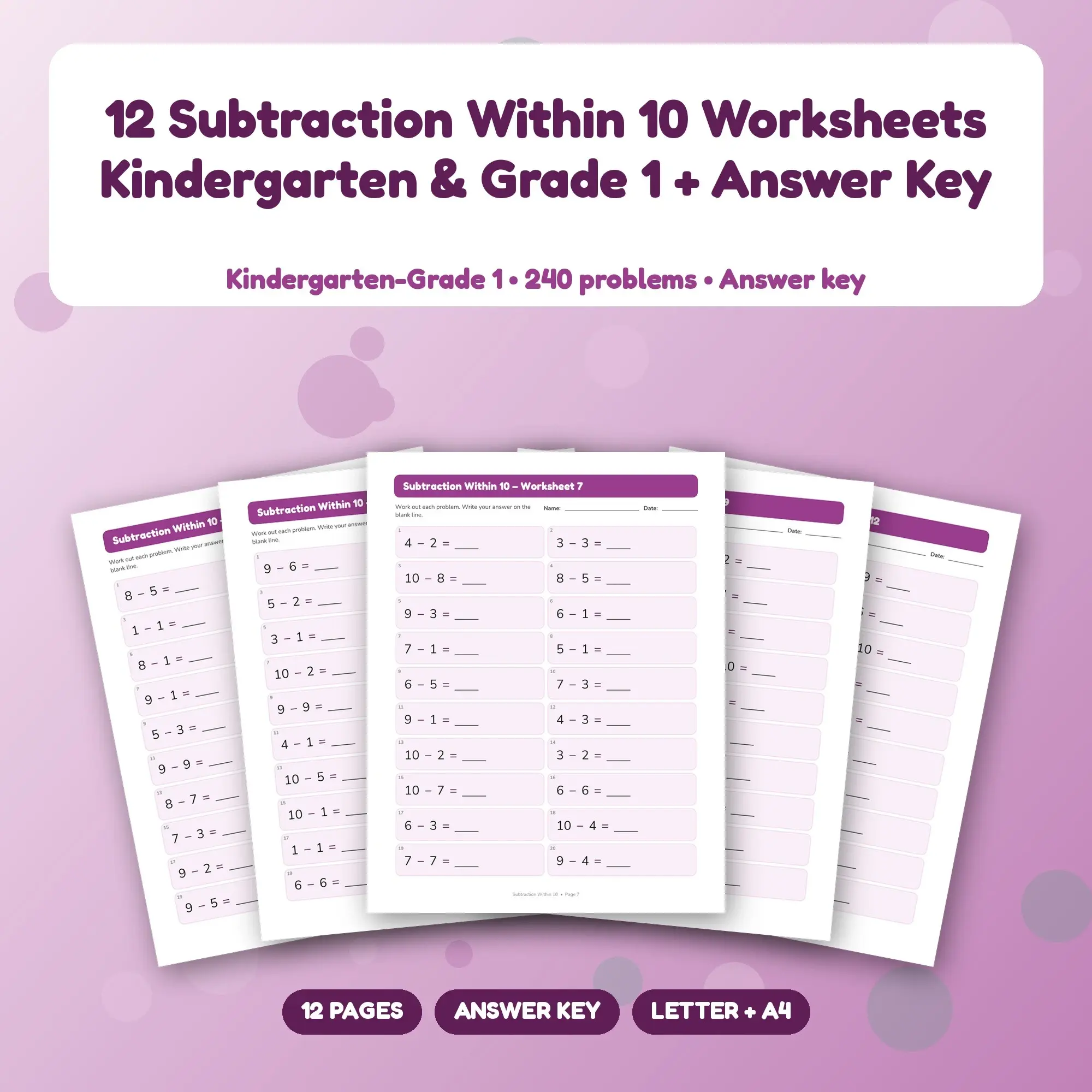 12 Subtraction Within 10 Worksheets Kindergarten & Grade 1 + Answer Key preview