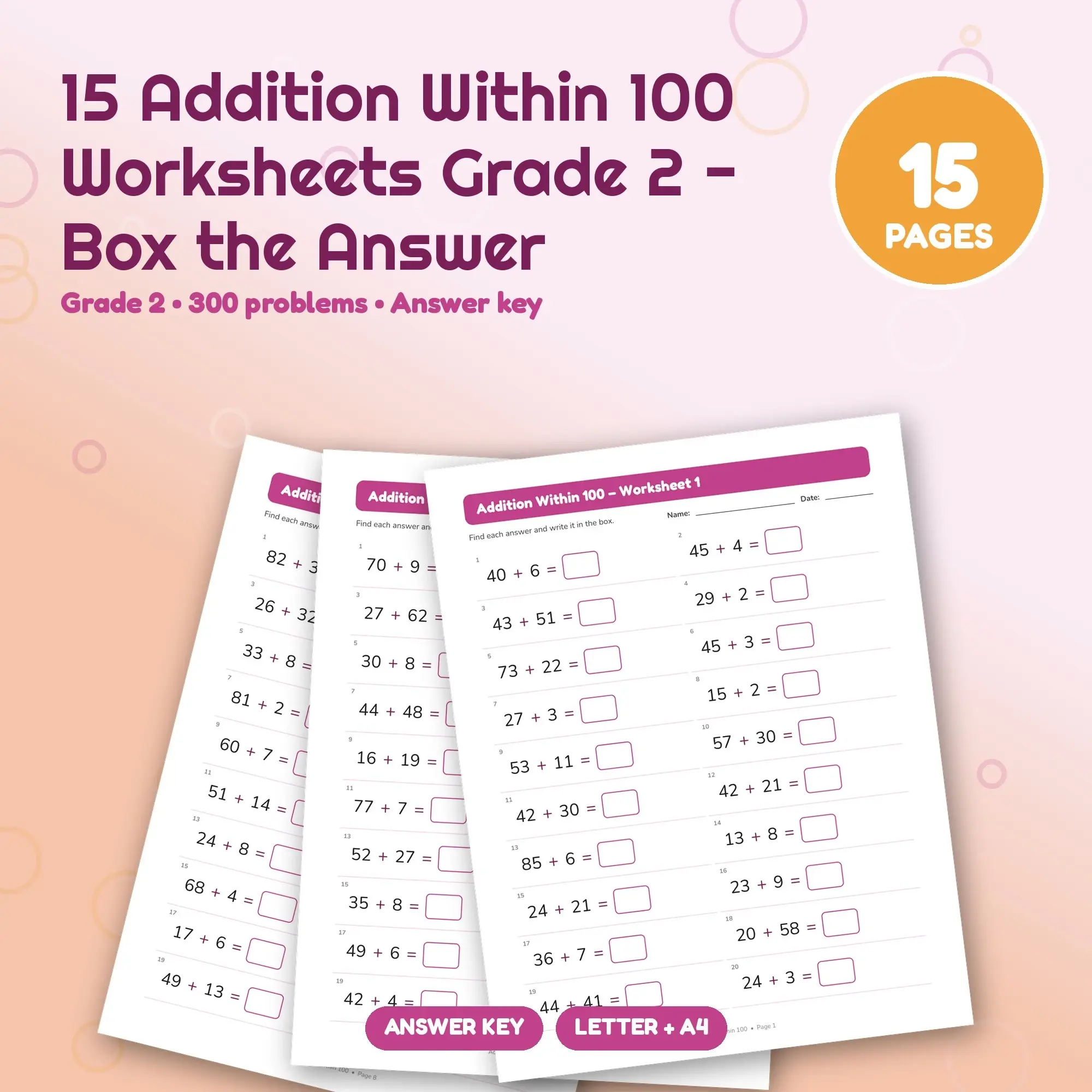 15 Addition Within 100 Worksheets Grade 2 - Box the Answer preview