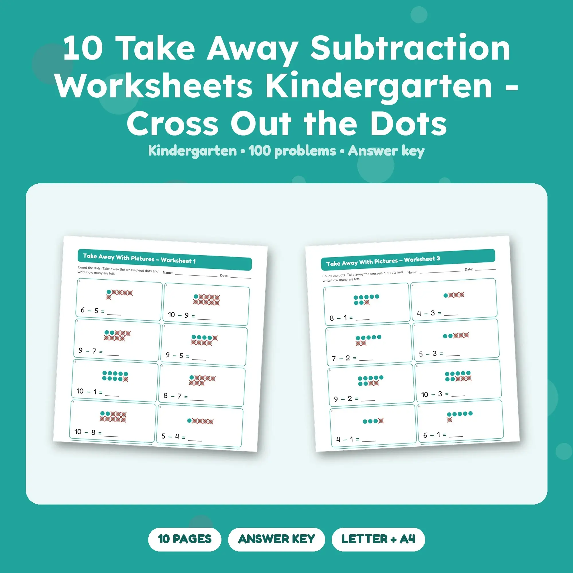 10 Take Away Subtraction Worksheets Kindergarten - Cross Out the Dots preview