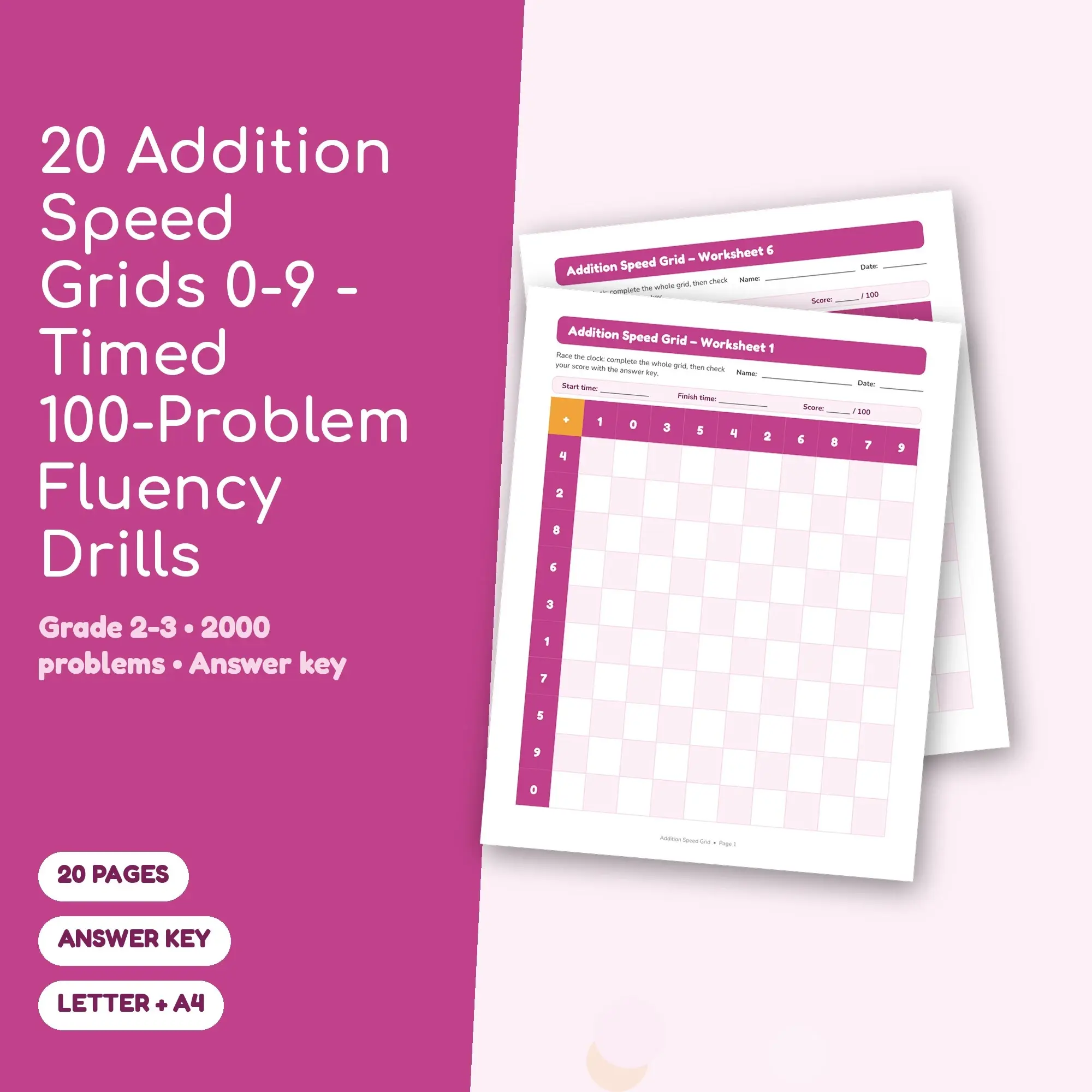 20 Addition Speed Grids 0-9 - Timed 100-Problem Fluency Drills preview
