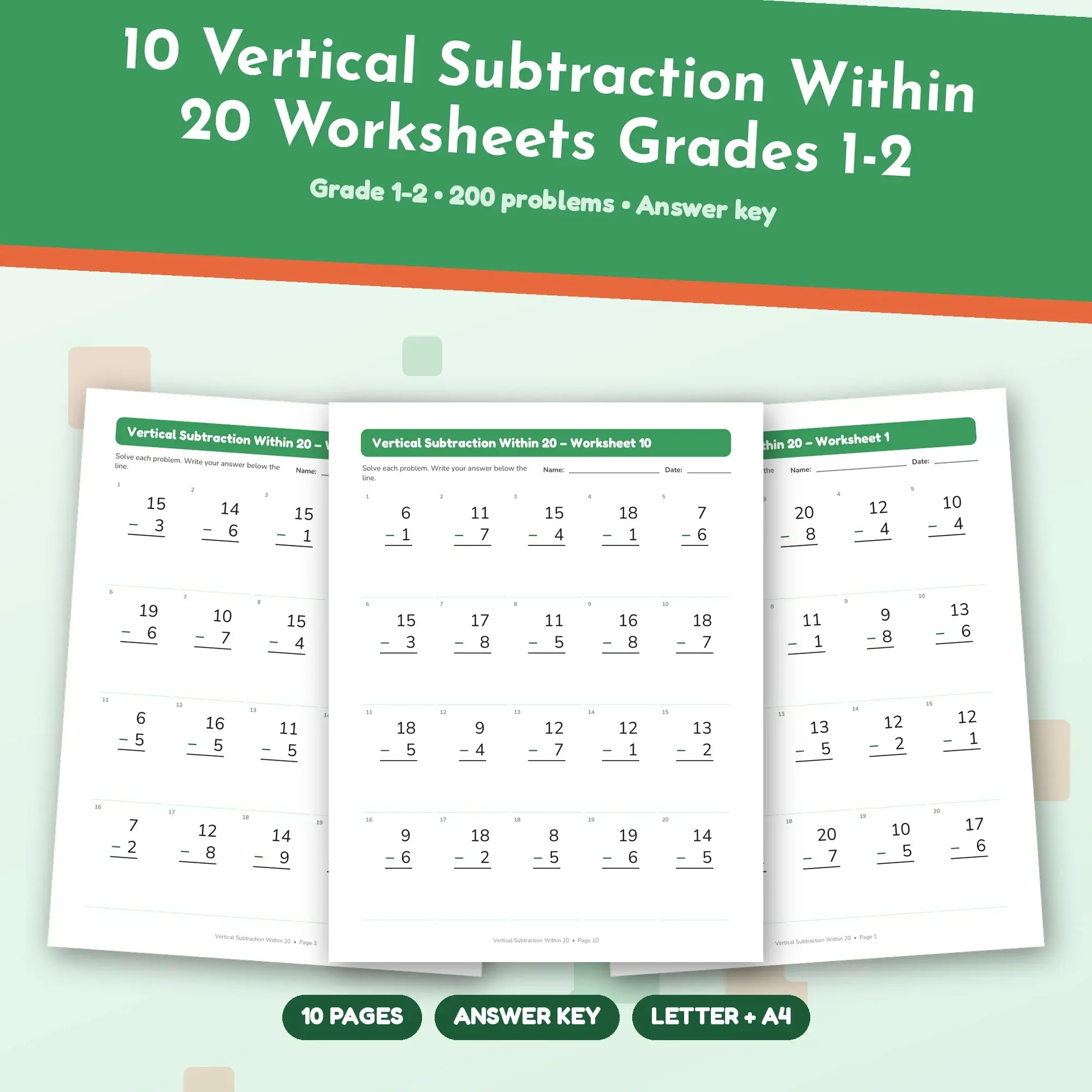 10 Vertical Subtraction Within 20 Worksheets Grades 1-2 preview