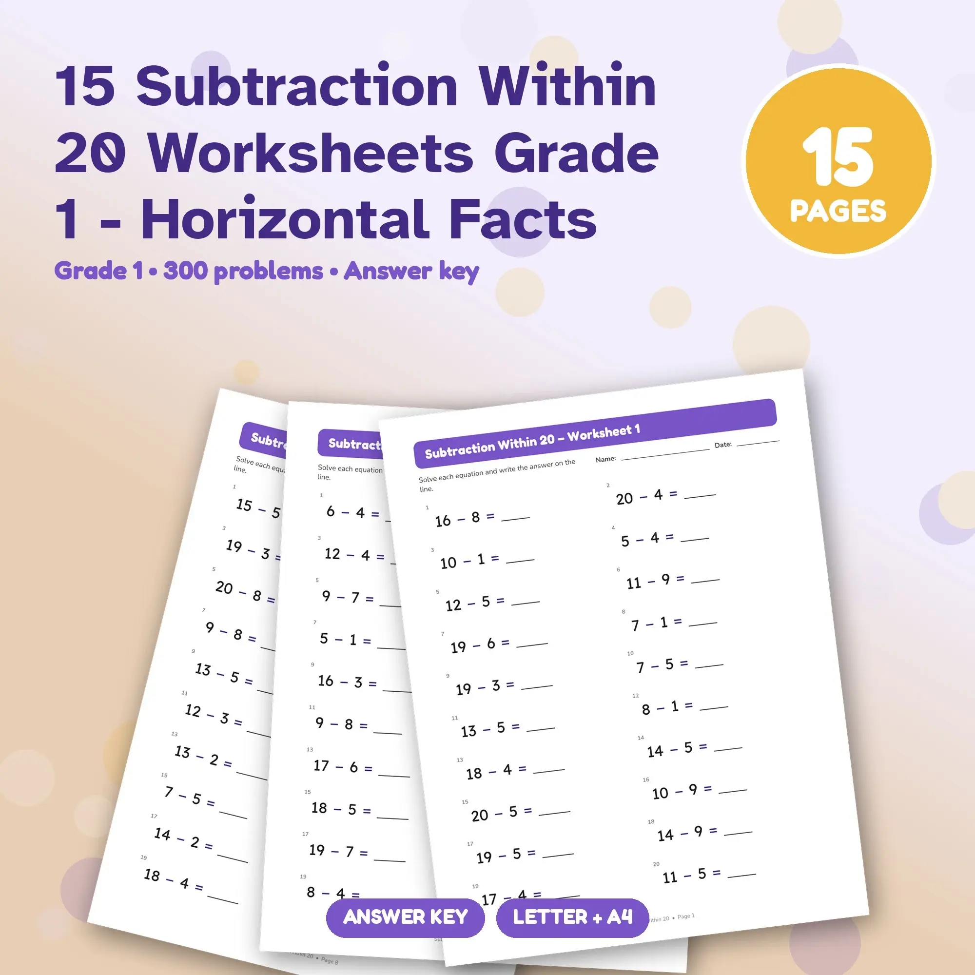 15 Subtraction Within 20 Worksheets Grade 1 - Horizontal Facts preview