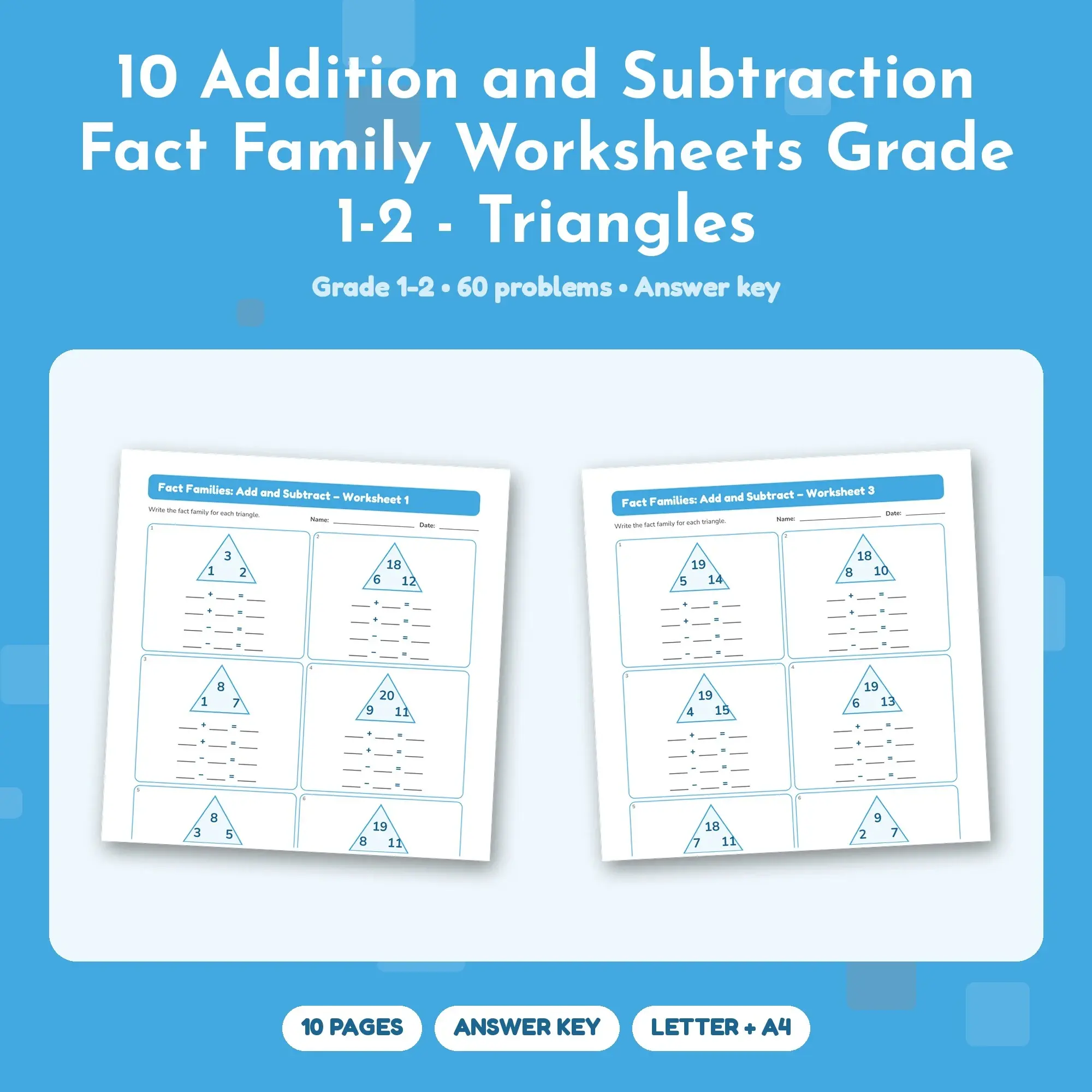 10 Addition and Subtraction Fact Family Worksheets Grade 1-2 - Triangles preview