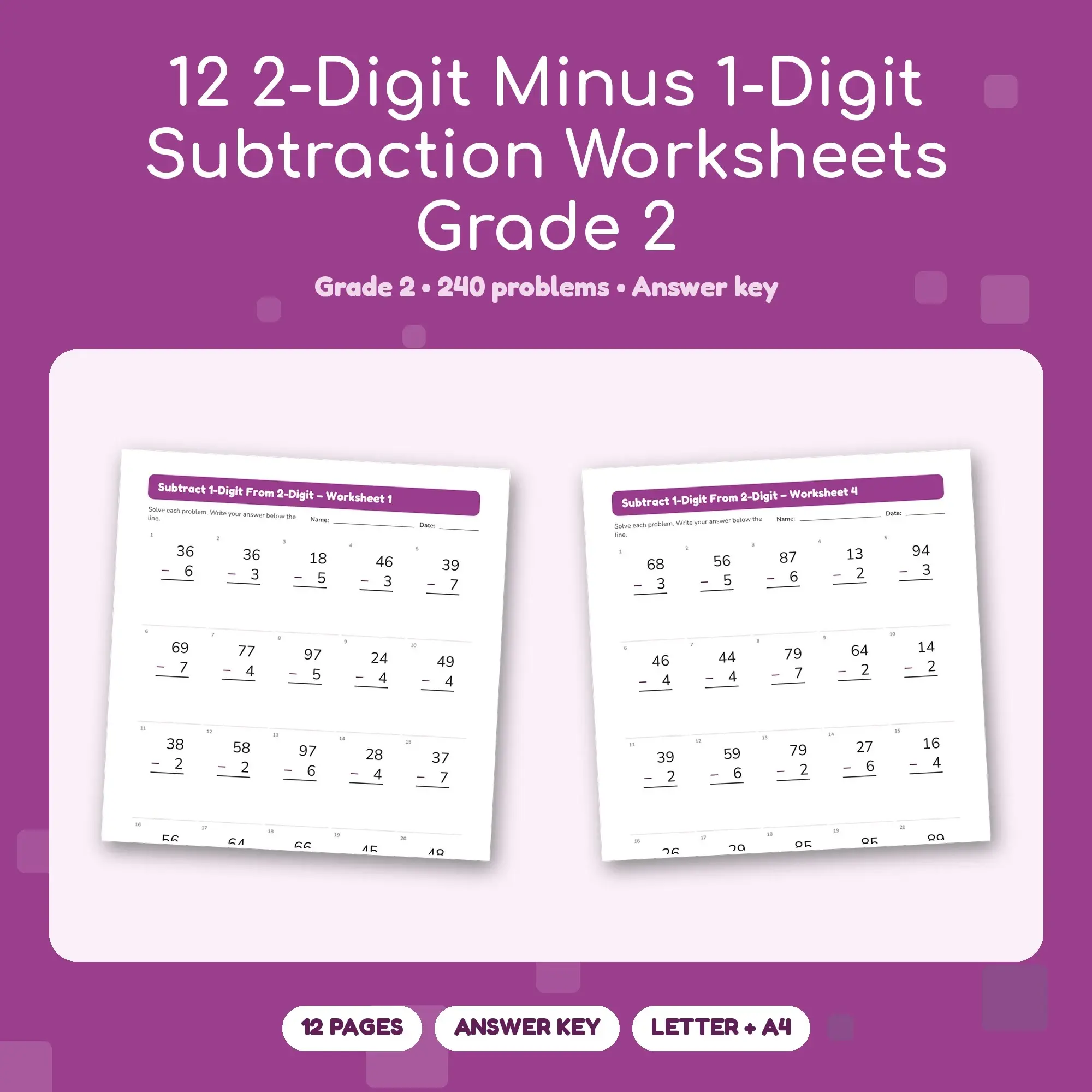 12 2-Digit Minus 1-Digit Subtraction Worksheets Grade 2 preview