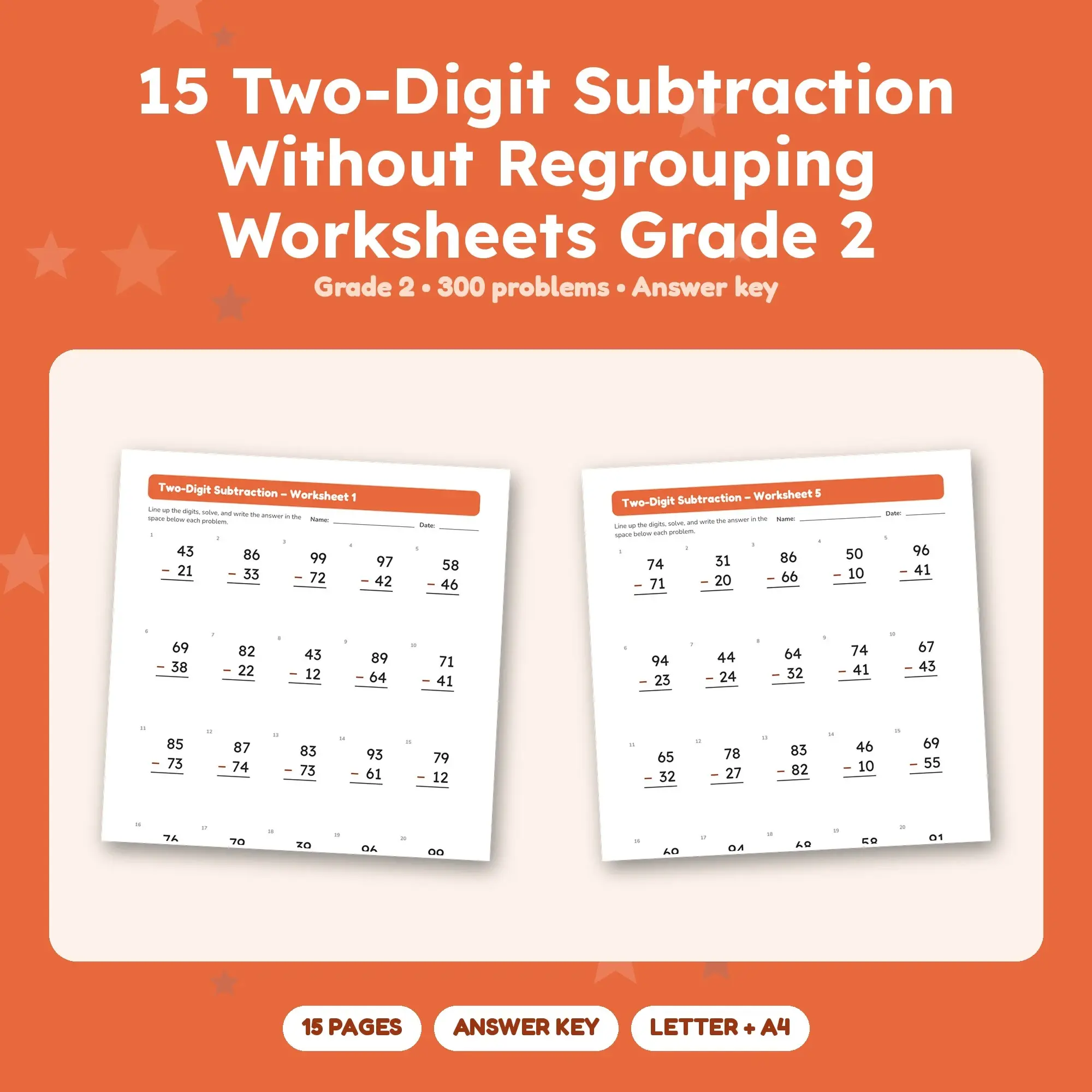 15 Two-Digit Subtraction Without Regrouping Worksheets Grade 2 preview