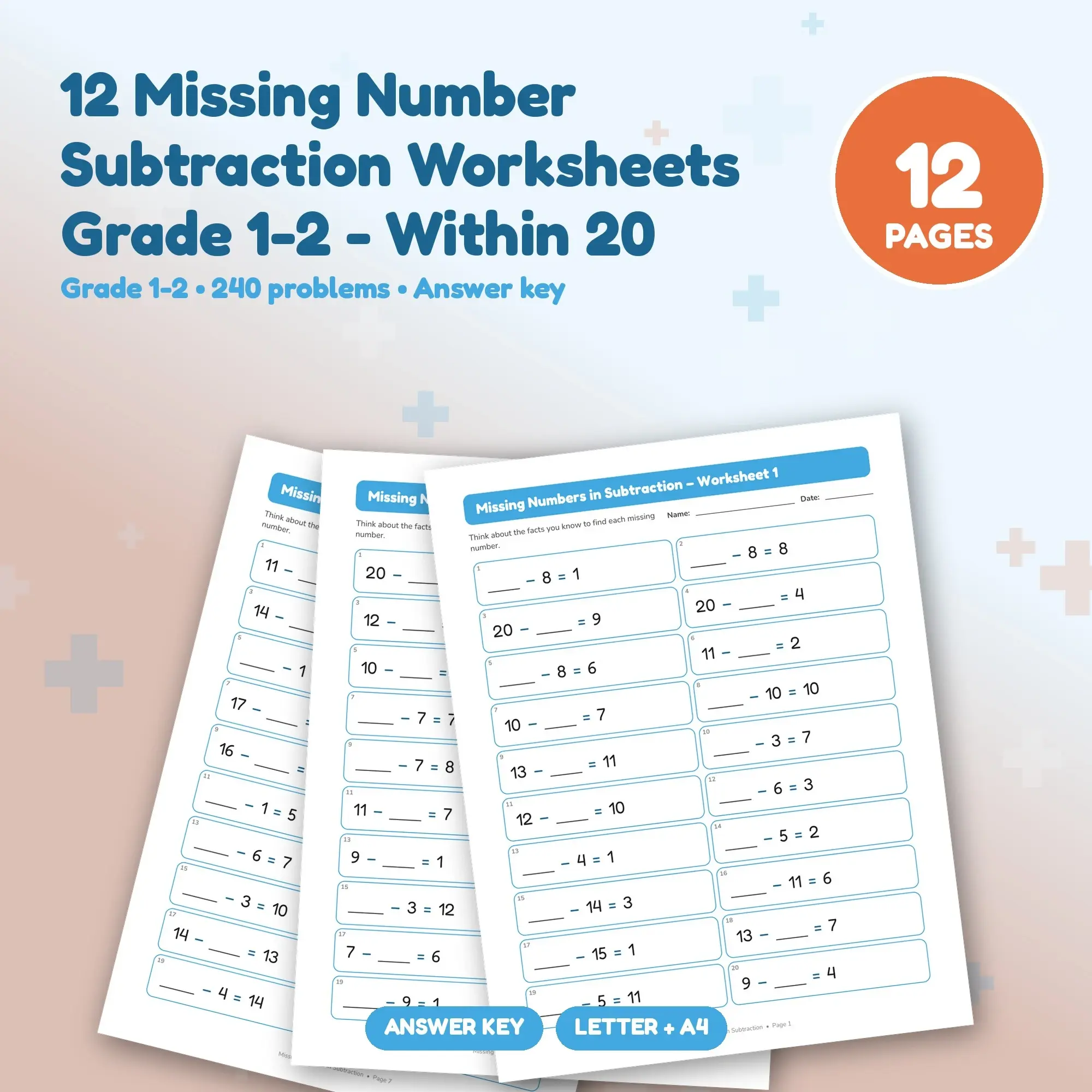 12 Missing Number Subtraction Worksheets Grade 1-2 - Within 20 preview