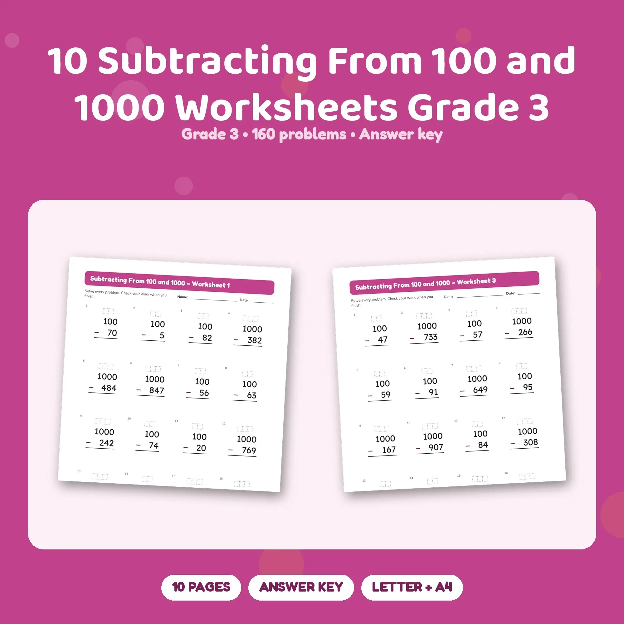 10 Subtracting From 100 and 1000 Worksheets Grade 3 preview