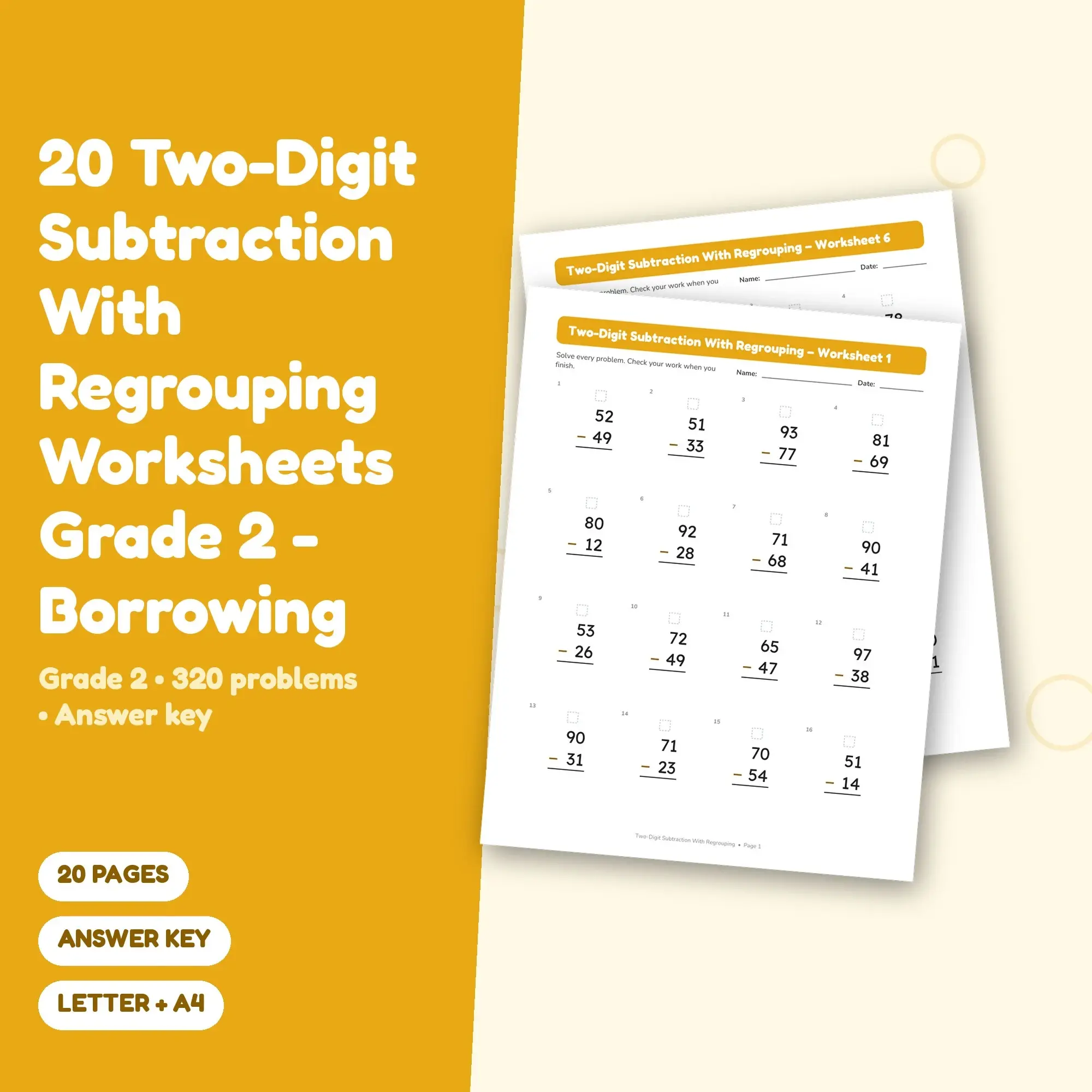 20 Two-Digit Subtraction With Regrouping Worksheets Grade 2 - Borrowing preview