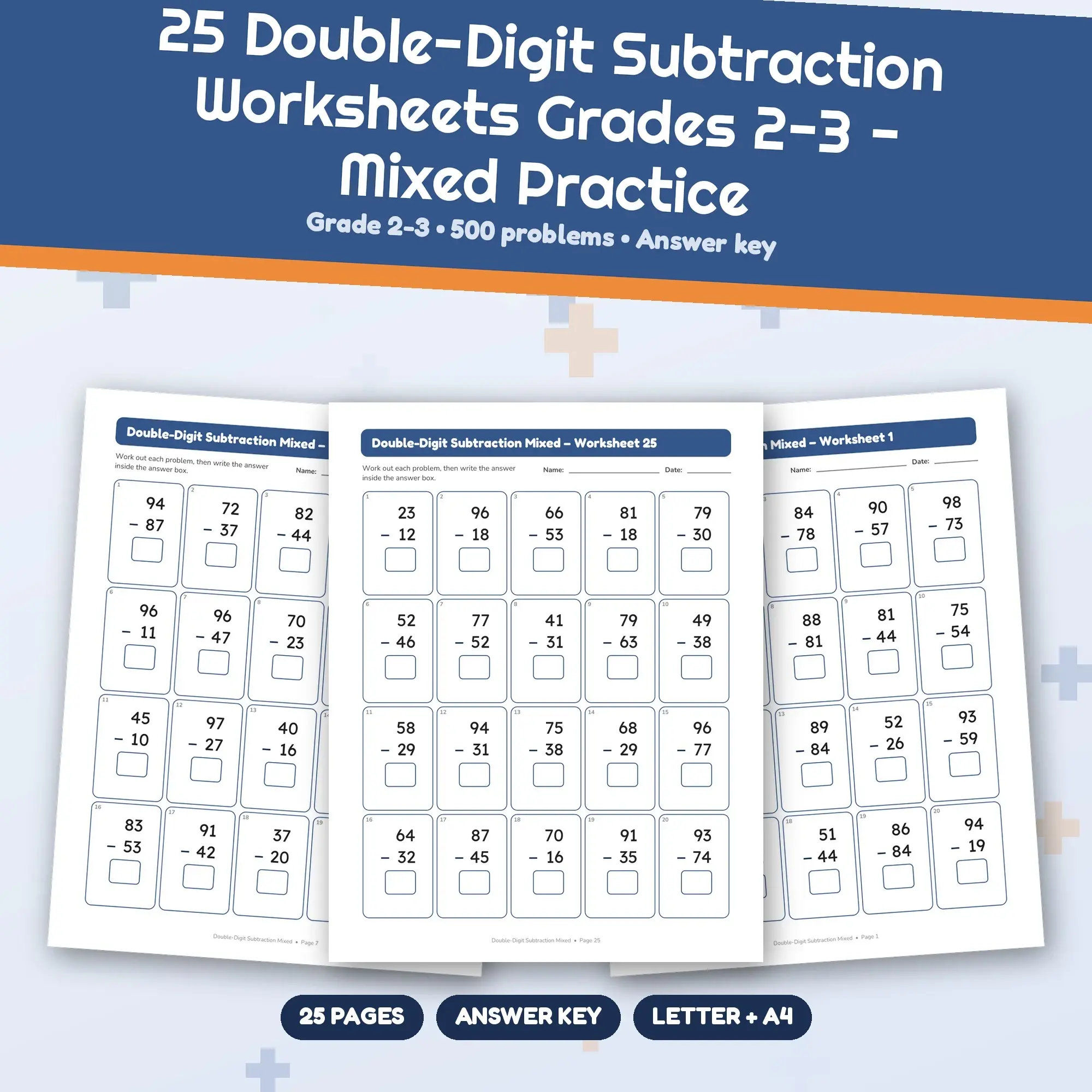 25 Double-Digit Subtraction Worksheets Grades 2-3 - Mixed Practice preview