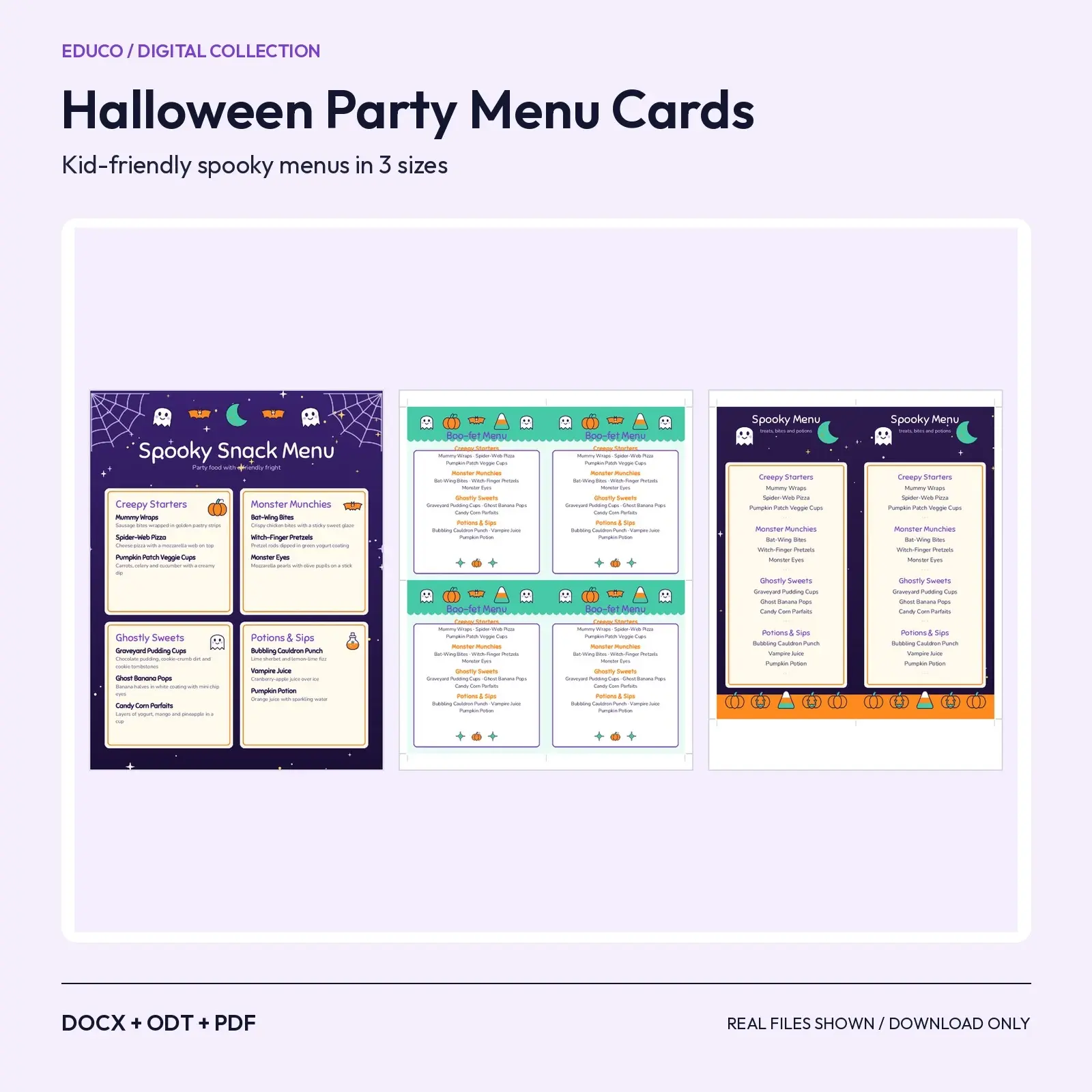 Halloween Party Menu Cards – Kid-Friendly Spooky Food Names in 3 Sizes, Editable DOCX, ODT and PDF preview