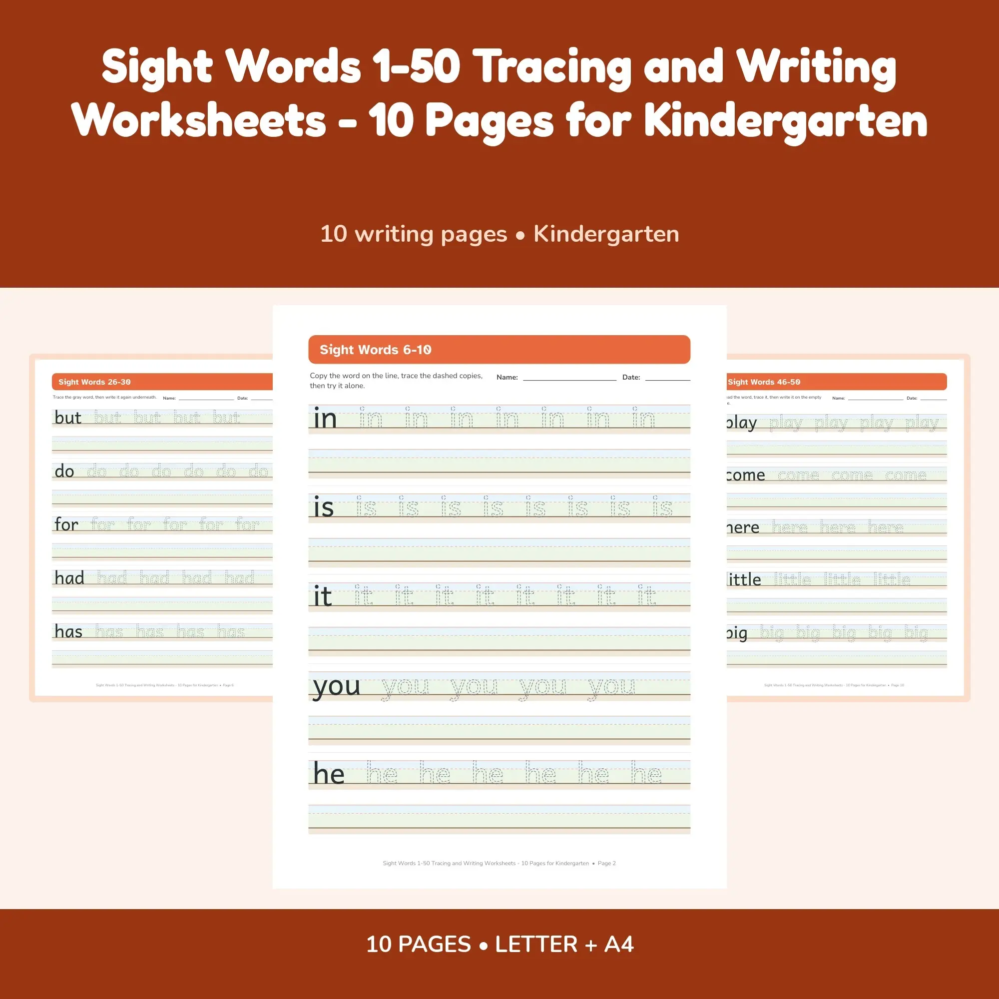 Sight Words 1-50 Tracing and Writing Worksheets - 10 Pages for Kindergarten preview