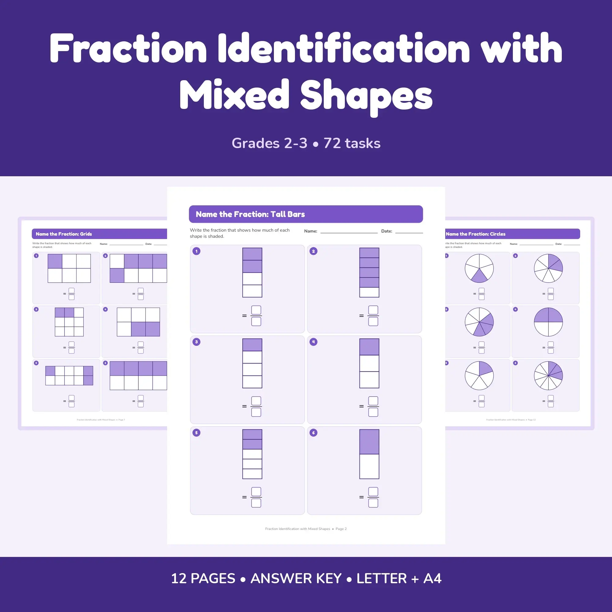 Fraction Identification with Mixed Shapes - 12 Worksheets + Key preview