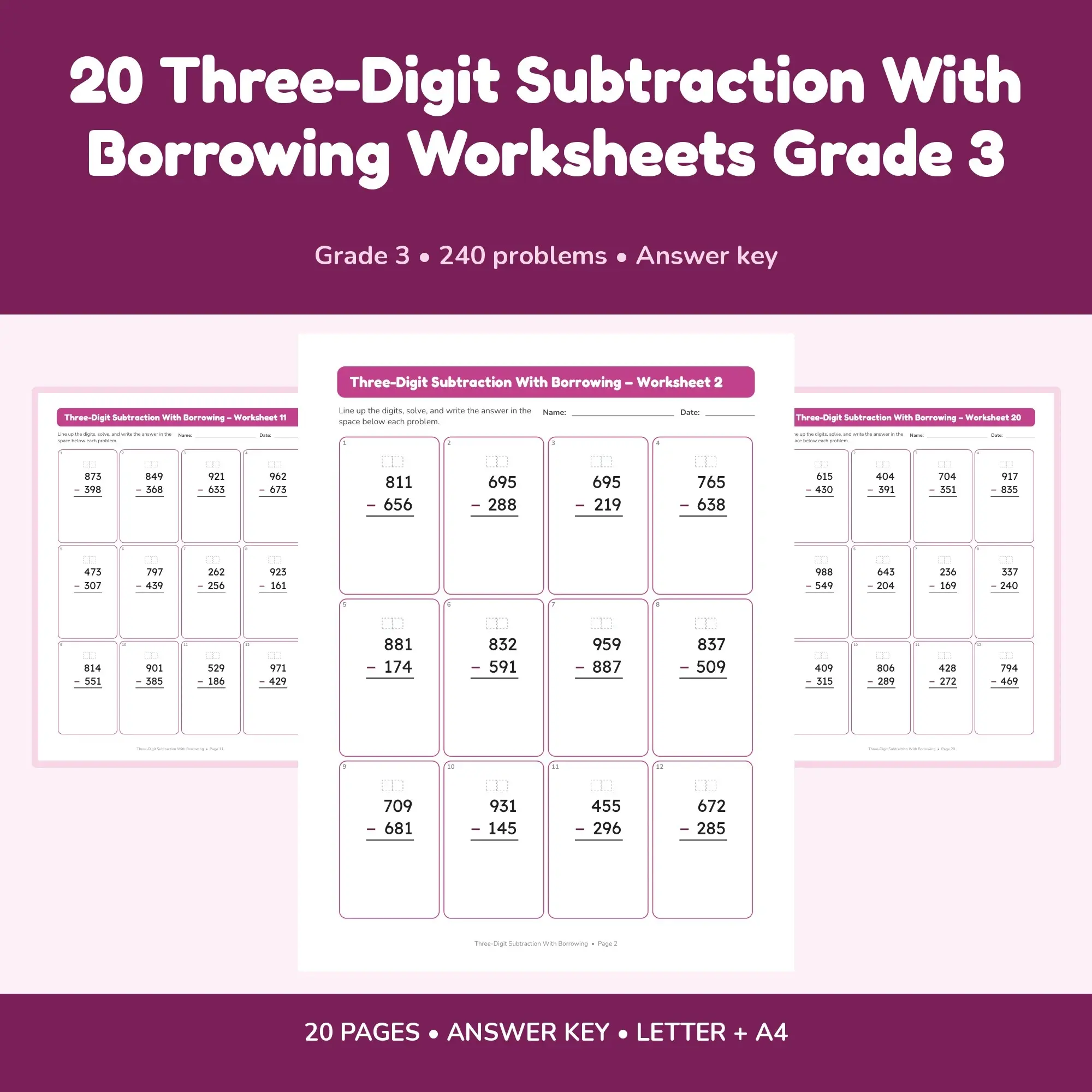 20 Three-Digit Subtraction With Borrowing Worksheets Grade 3 preview