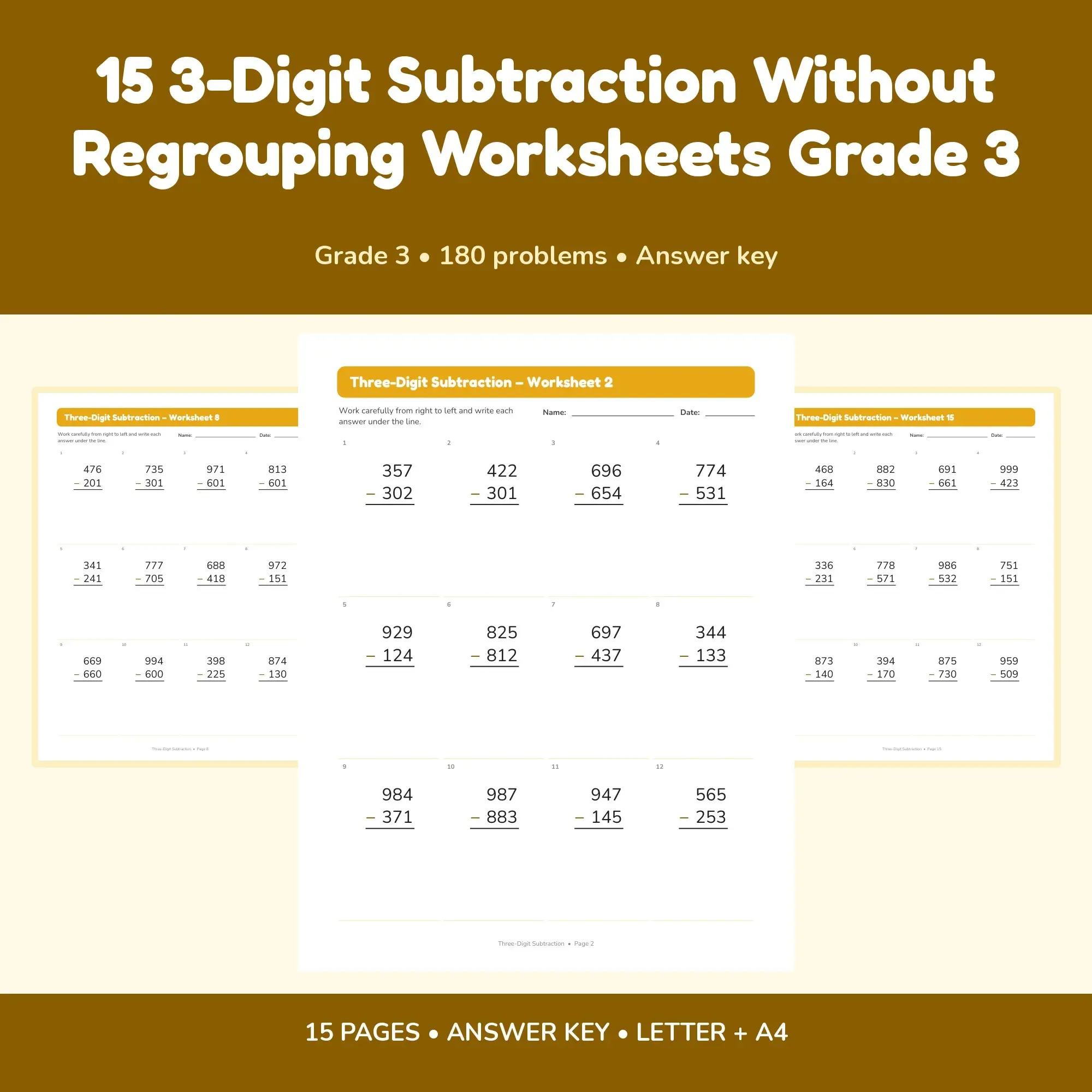 15 3-Digit Subtraction Without Regrouping Worksheets Grade 3 preview