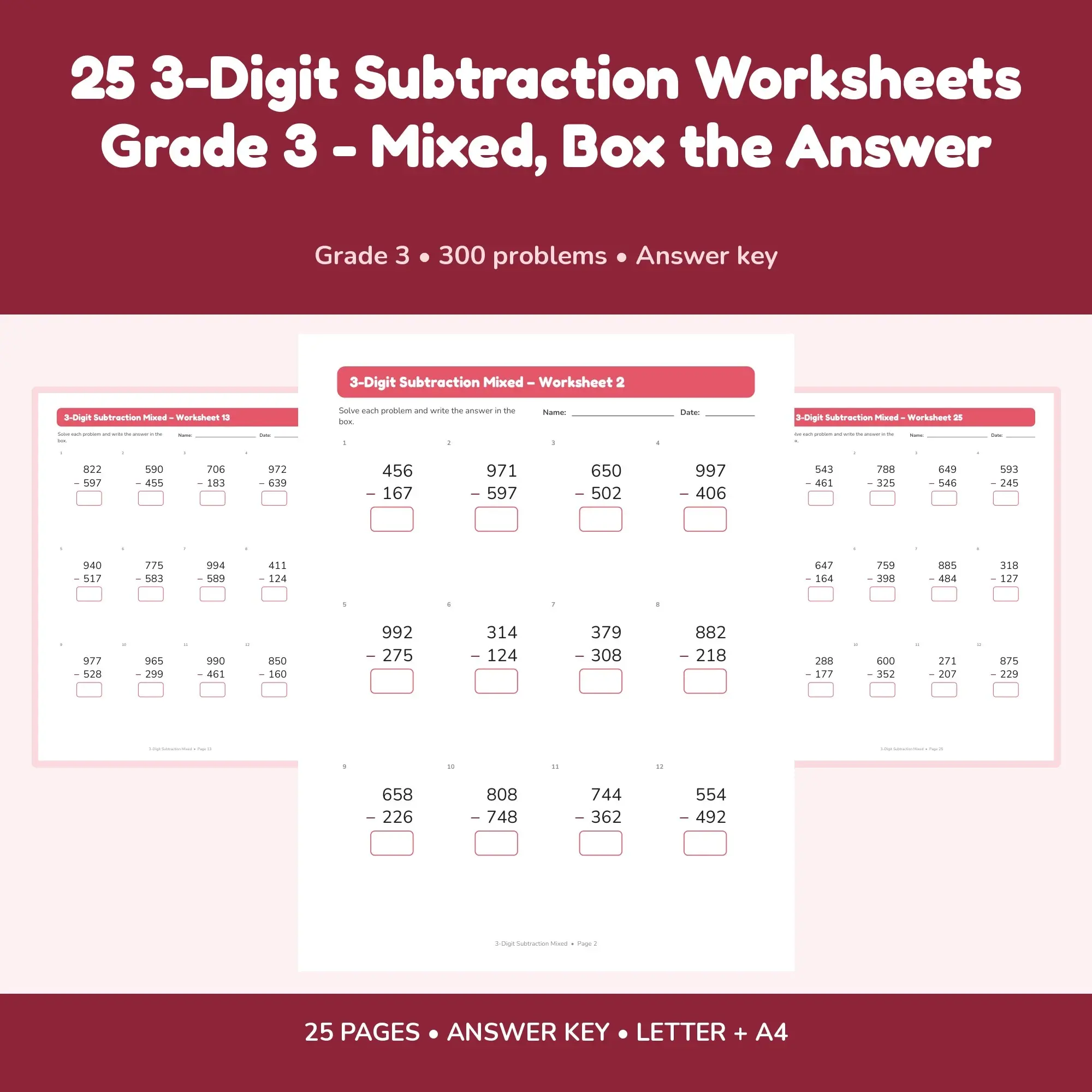 25 3-Digit Subtraction Worksheets Grade 3 - Mixed, Box the Answer preview