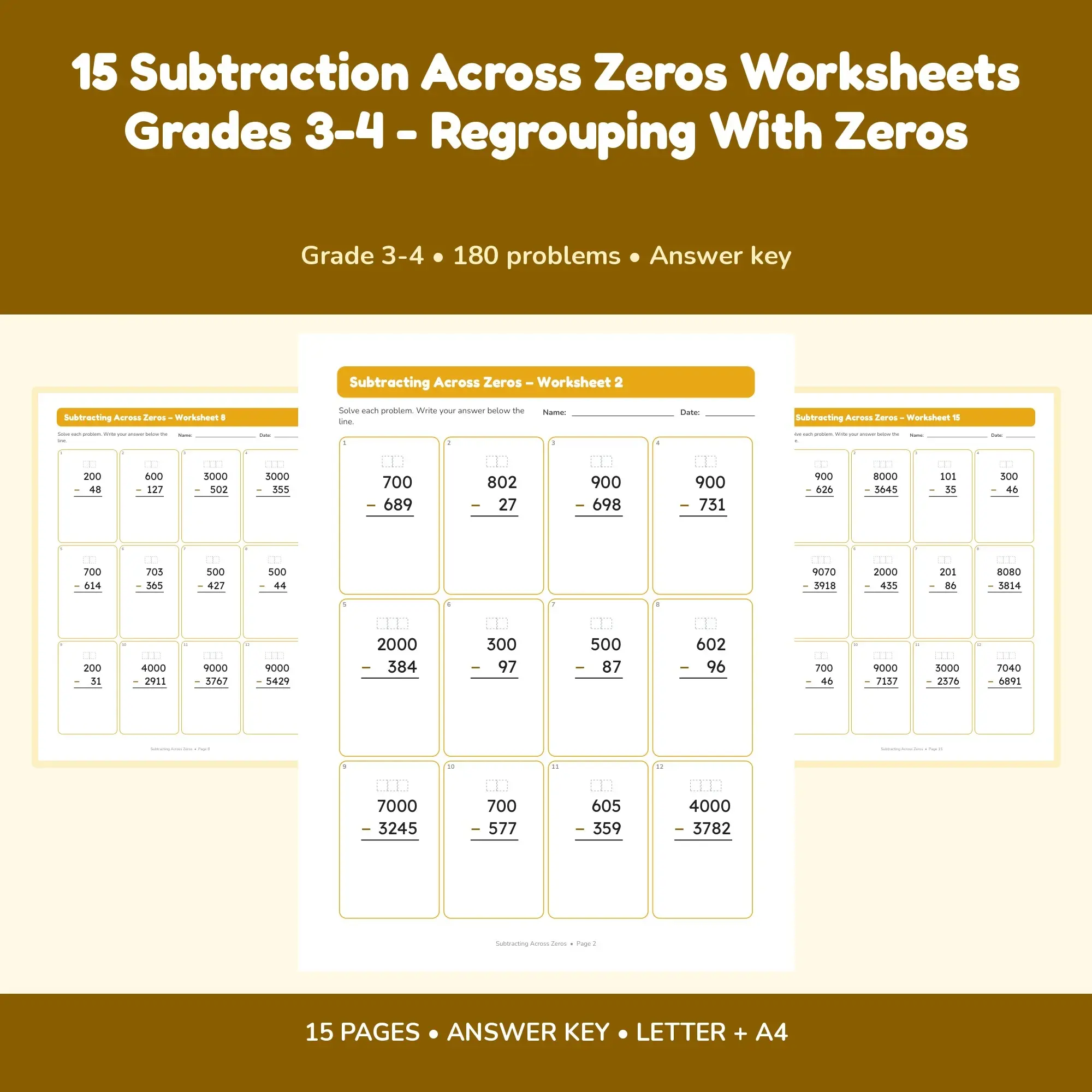 15 Subtraction Across Zeros Worksheets Grades 3-4 - Regrouping With Zeros preview