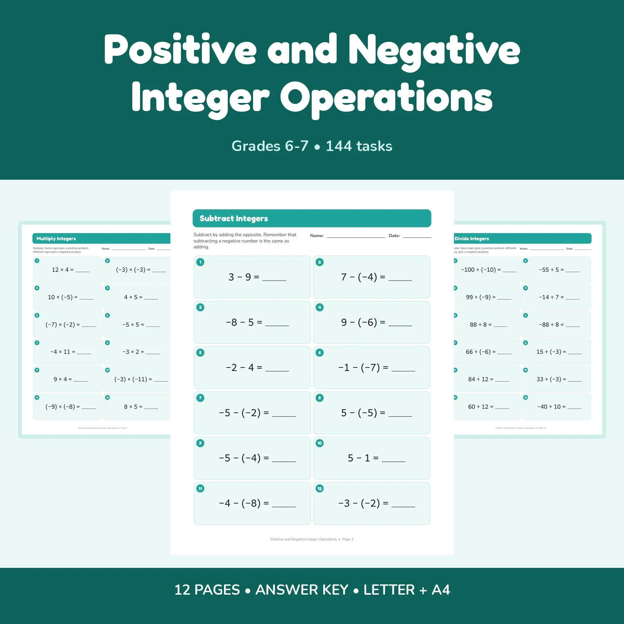 Positive and Negative Integer Operations - 12 Worksheets + Key preview