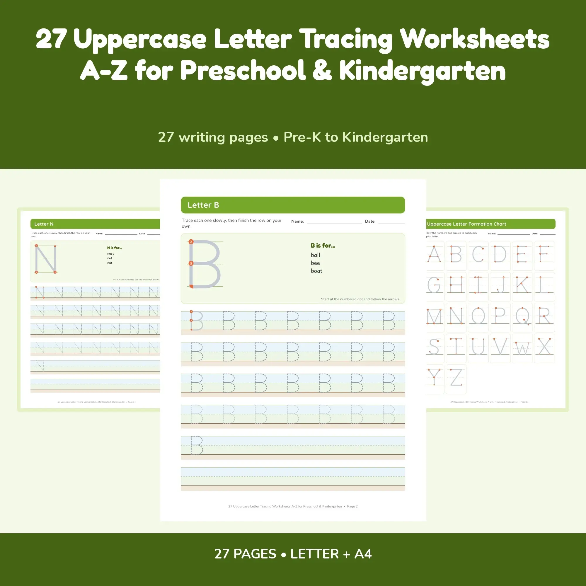 27 Uppercase Letter Tracing Worksheets A-Z for Preschool & Kindergarten preview
